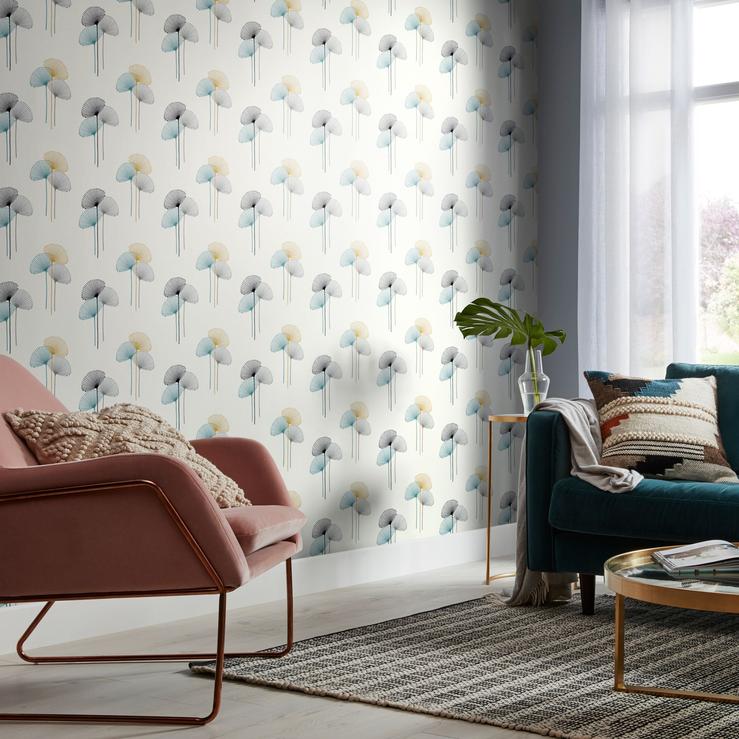 GoodHome Bahiana Teal & yellow Dandelion Wallpaper | Departments | DIY ...