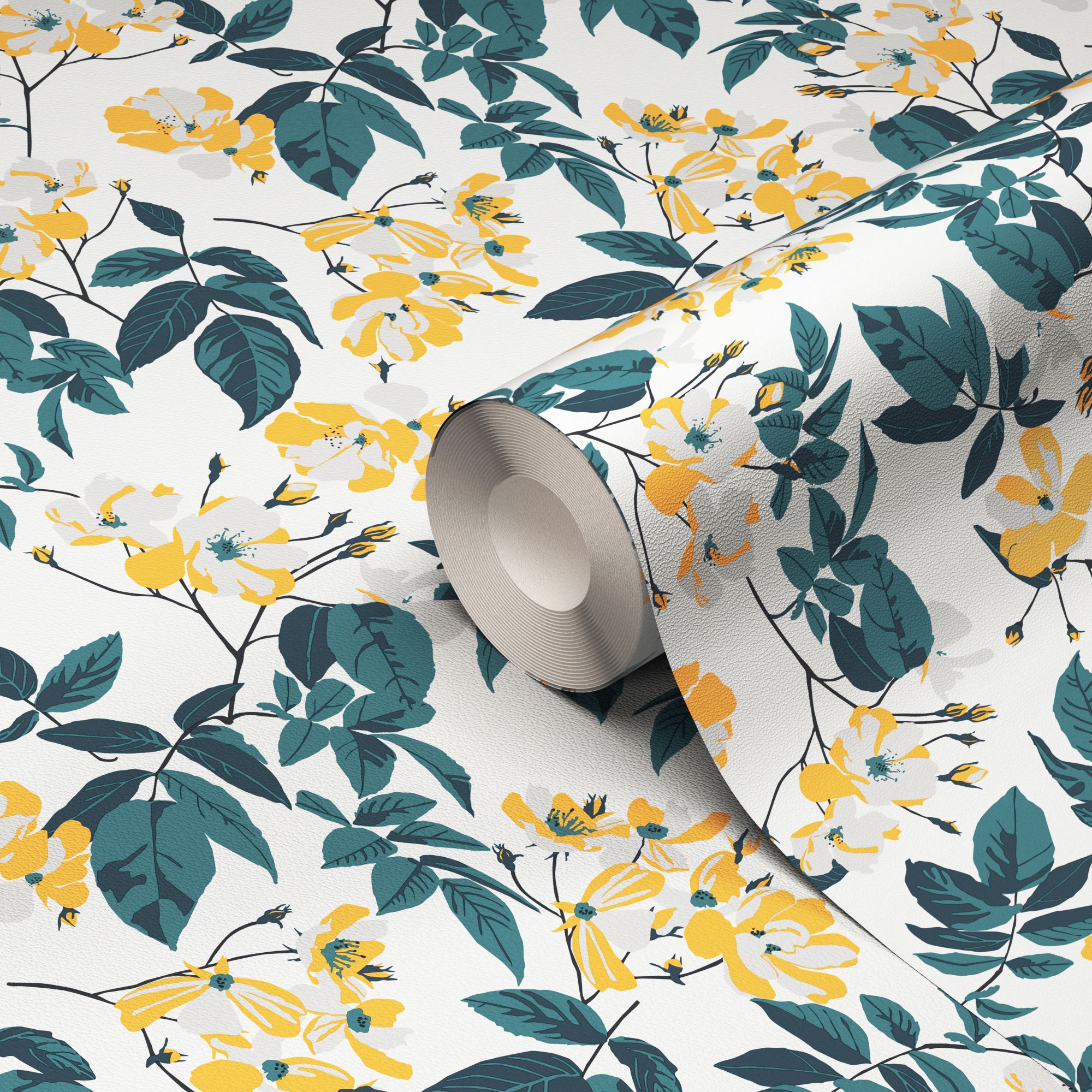 Ikok Teal Yellow Floral Smooth Wallpaper Departments Diy At B Q Images, Photos, Reviews