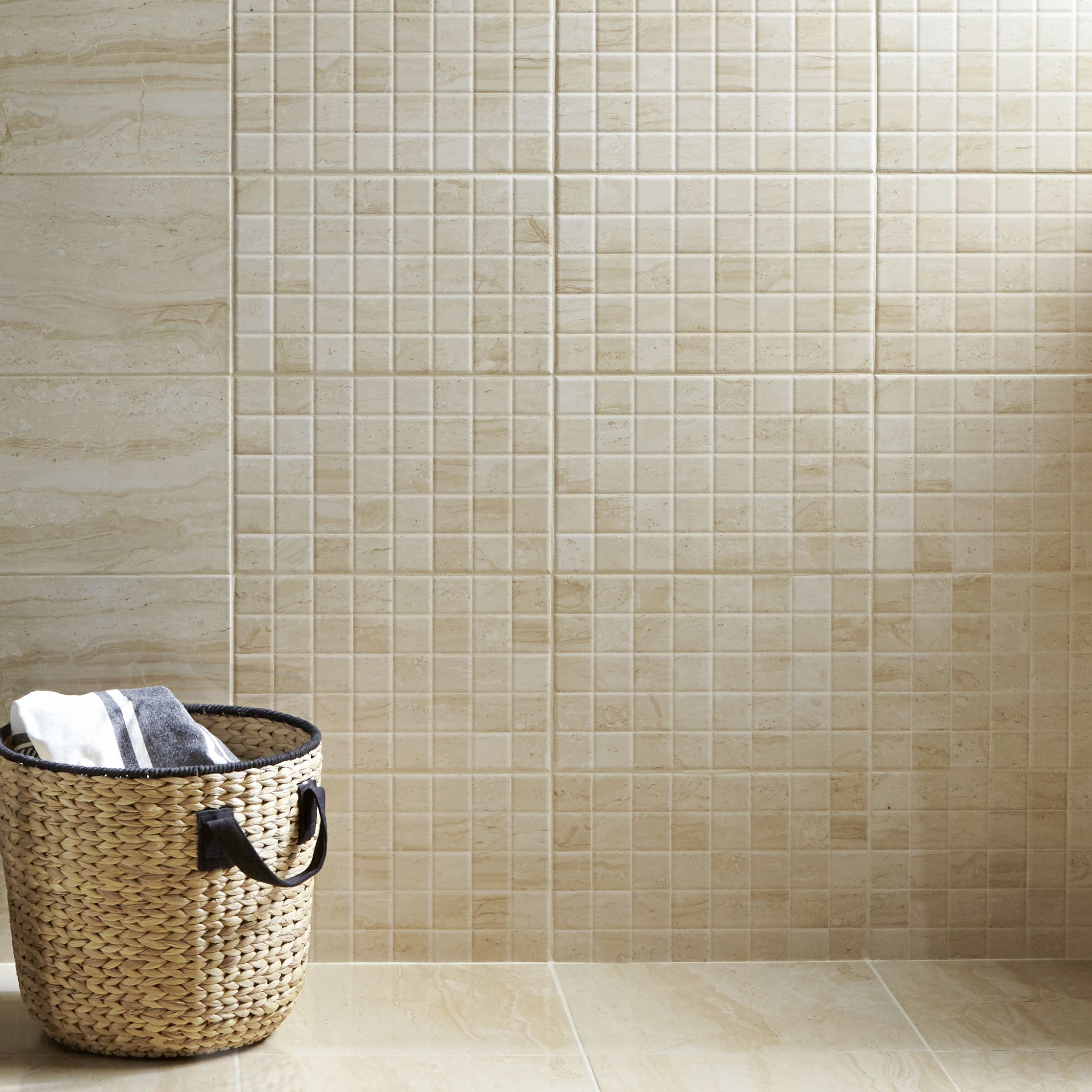 Travertina Beige Gloss Stone effect Ceramic Wall tile of 15, (L)400mm