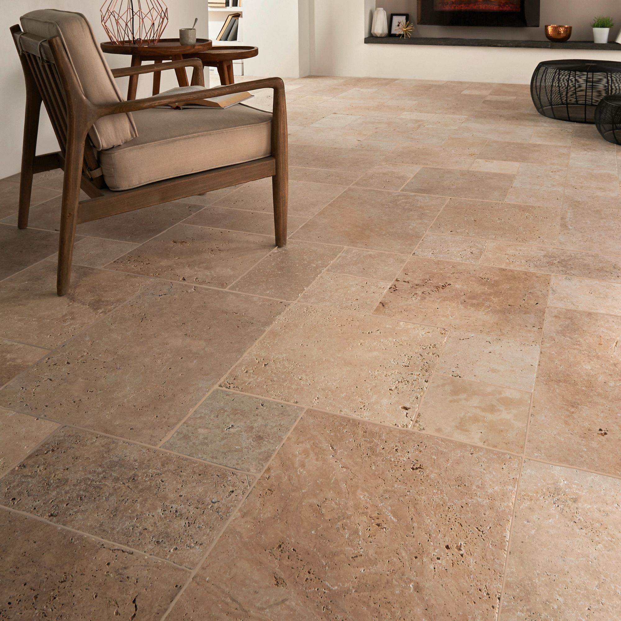 Tumbled travertine Cream Matt Stone effect Natural stone Floor tile