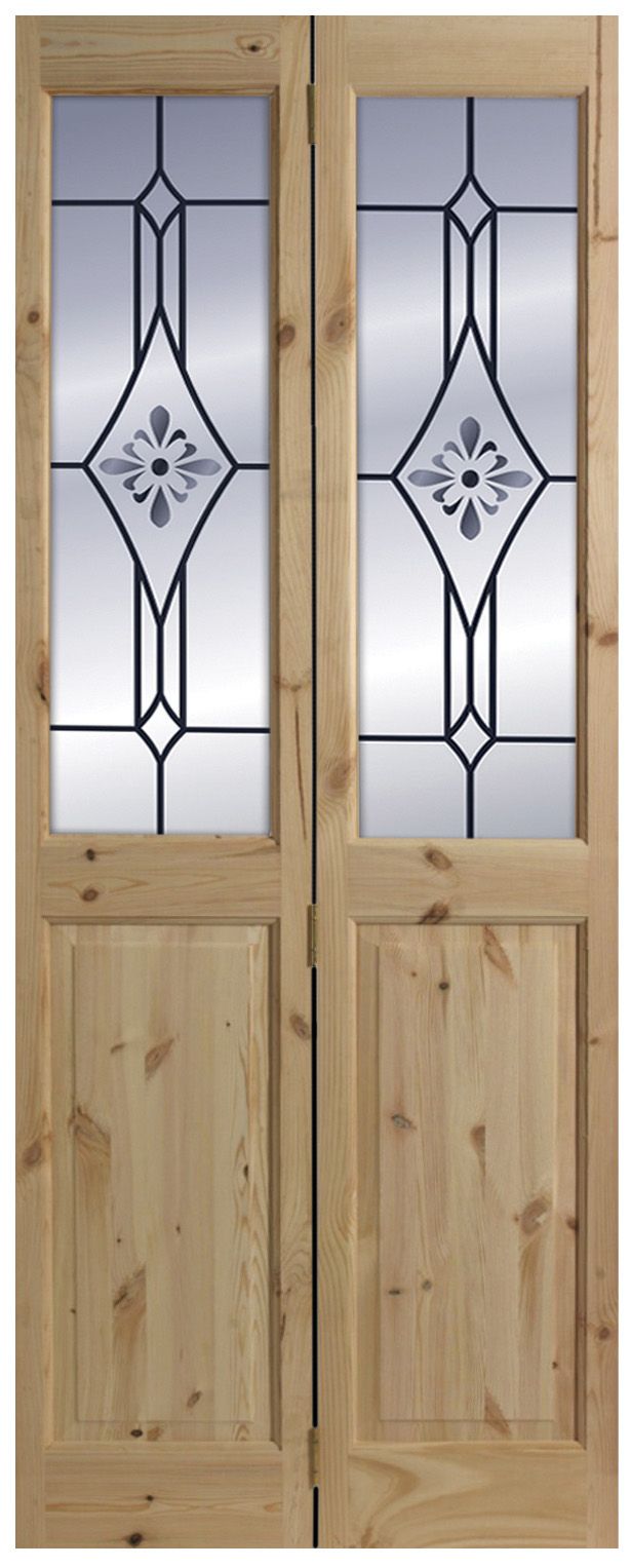 4 Panel 2 Lite Frosted Glazed Knotty Pine Internal Bi-fold Door Set, (H ...