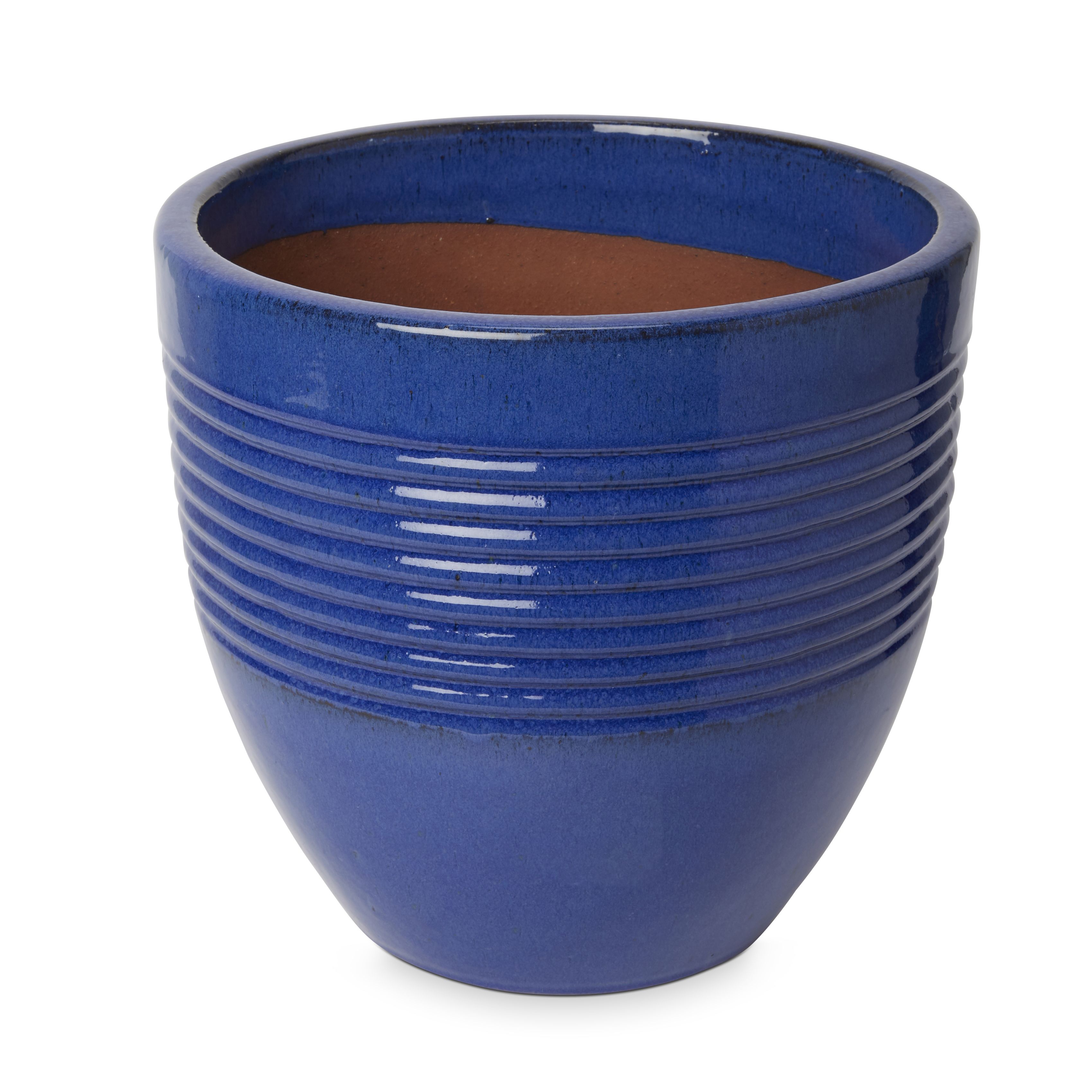 Tiwlip Blue Ceramic Ribbed Plant pot (Dia)33cm | Departments | DIY at B&Q