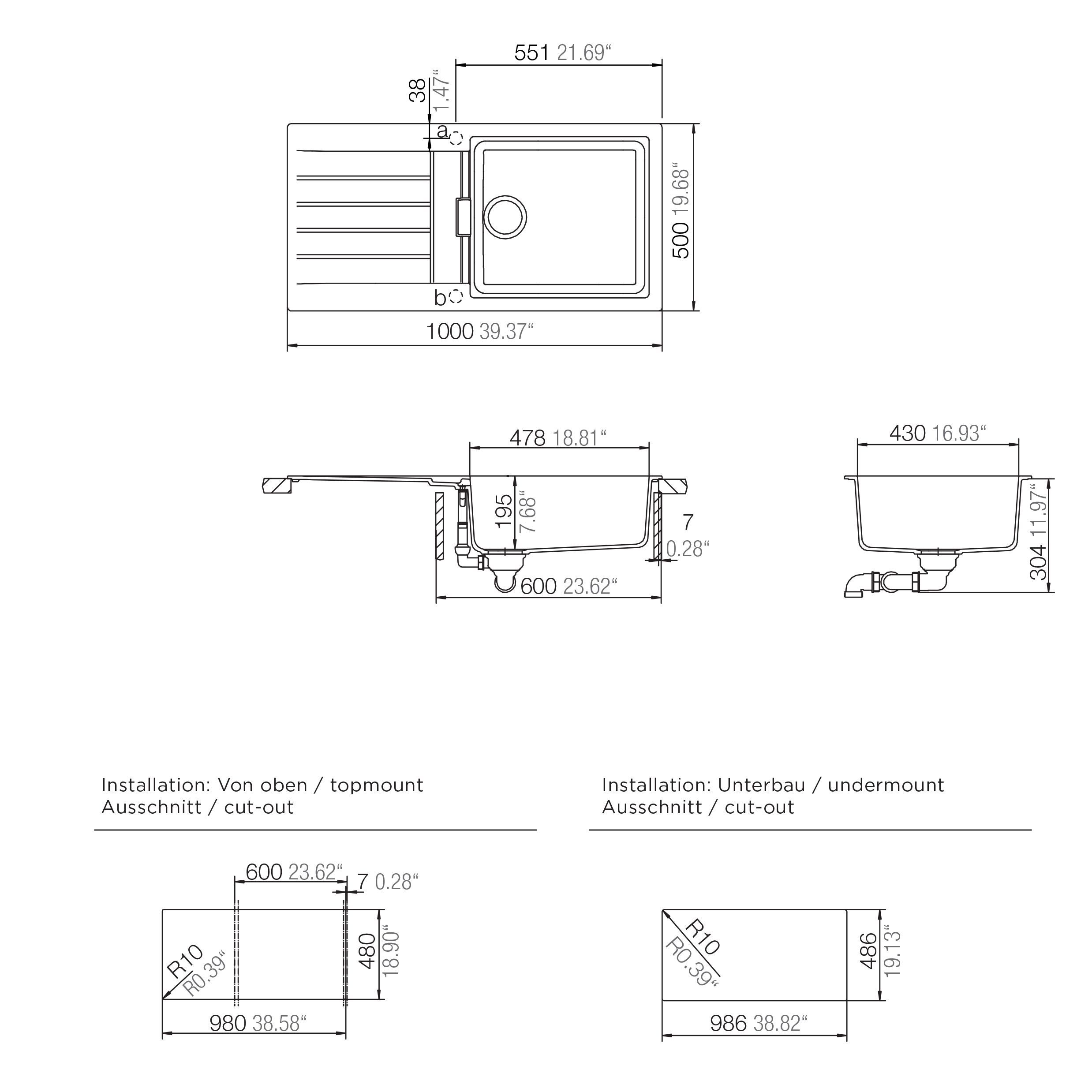 Cooke & Lewis Galvani 1 Bowl Grey Composite Quartz Sink & Drainer ...