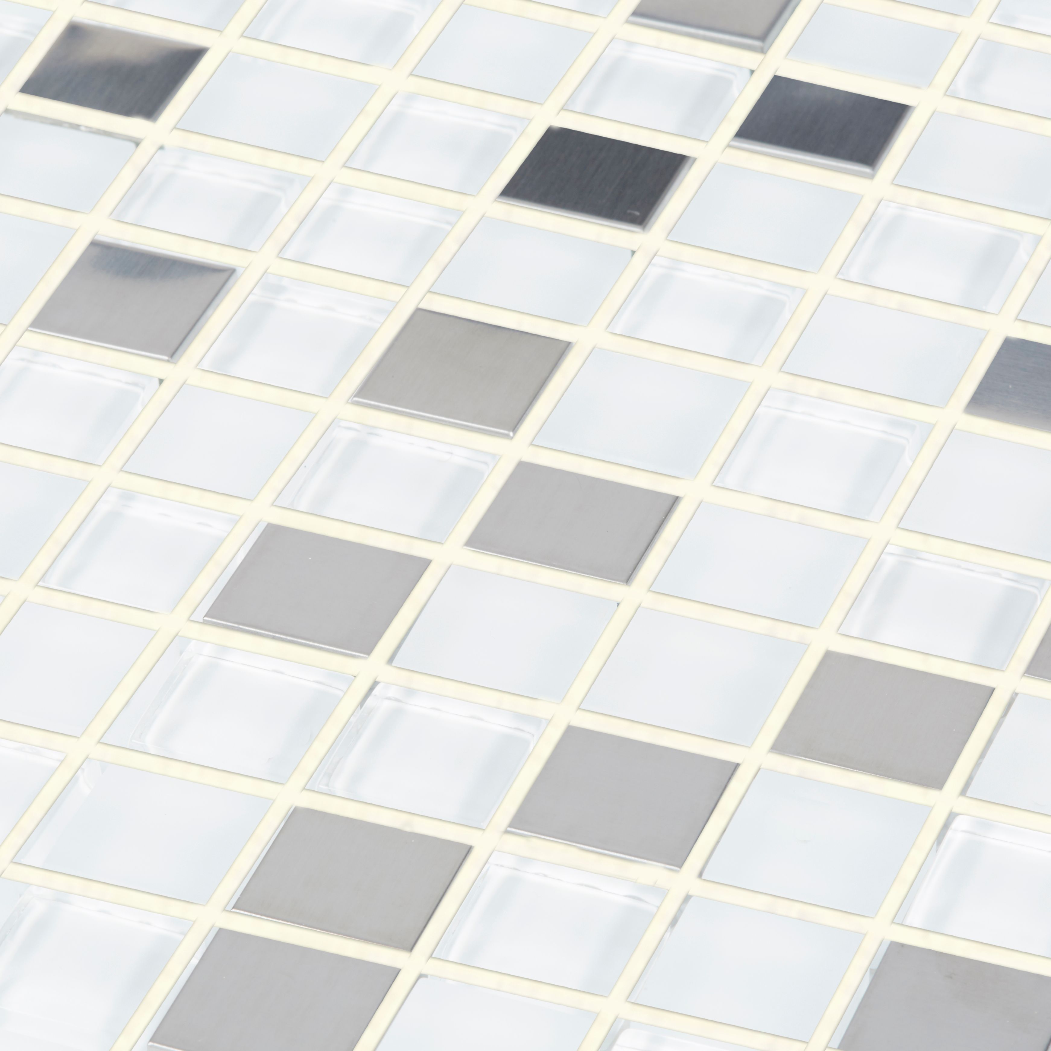 Prate Grey & white Glass & metal Mosaic tile, (L)300mm (W)300mm 