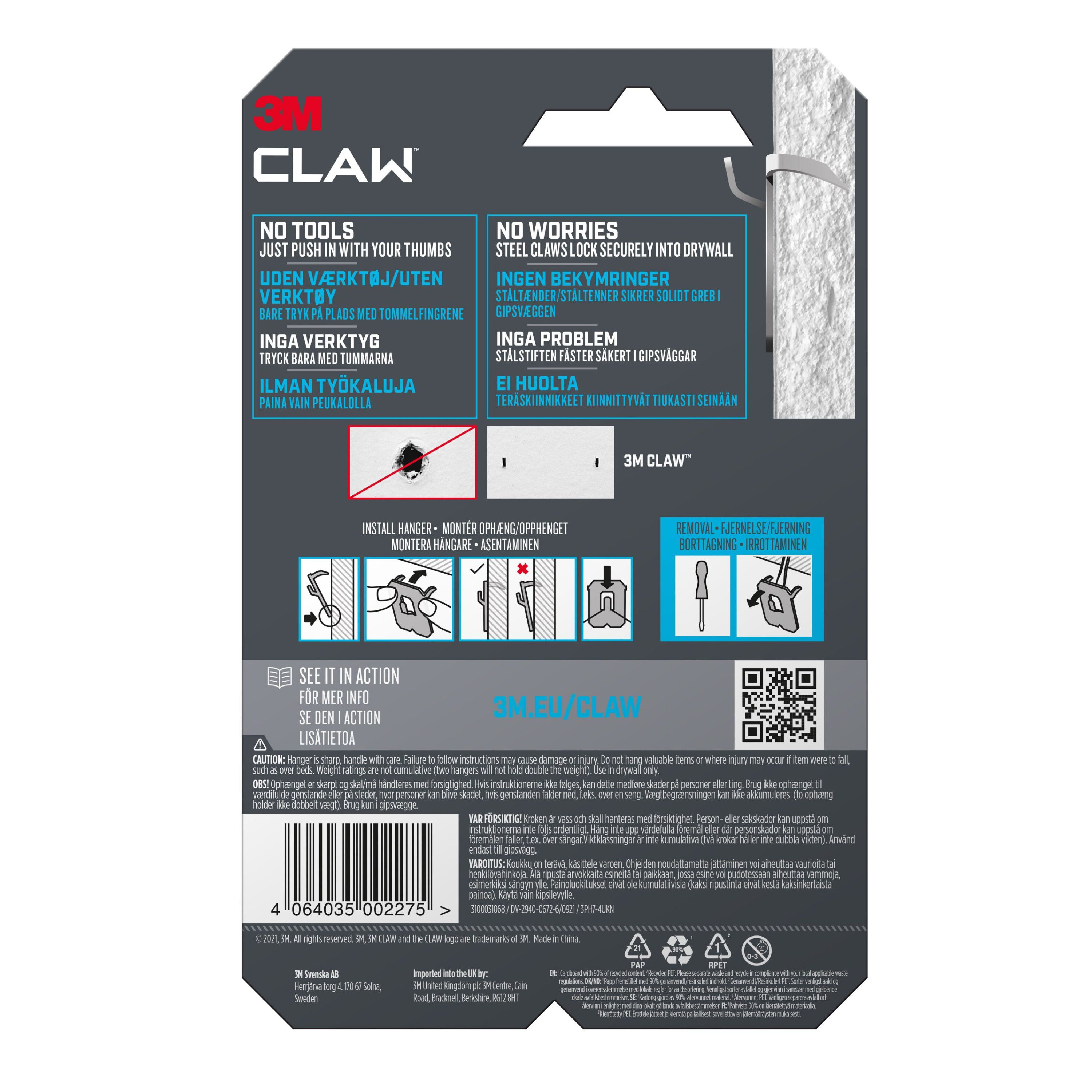 3M Claw Drywall Picture hanger (H)23mm (W)23mm, Pack of 4