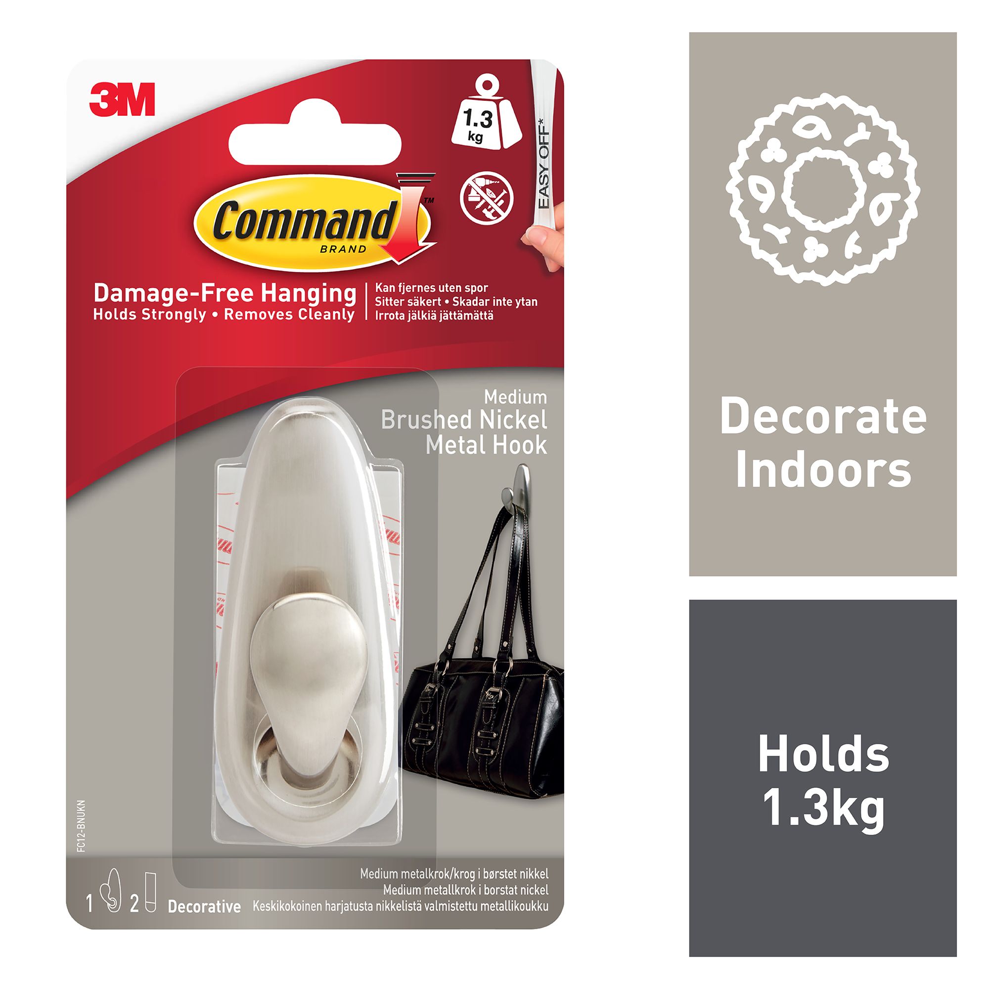 3M Command Forever classic Nickel effect Metal Medium Hook (Holds)1.3kg