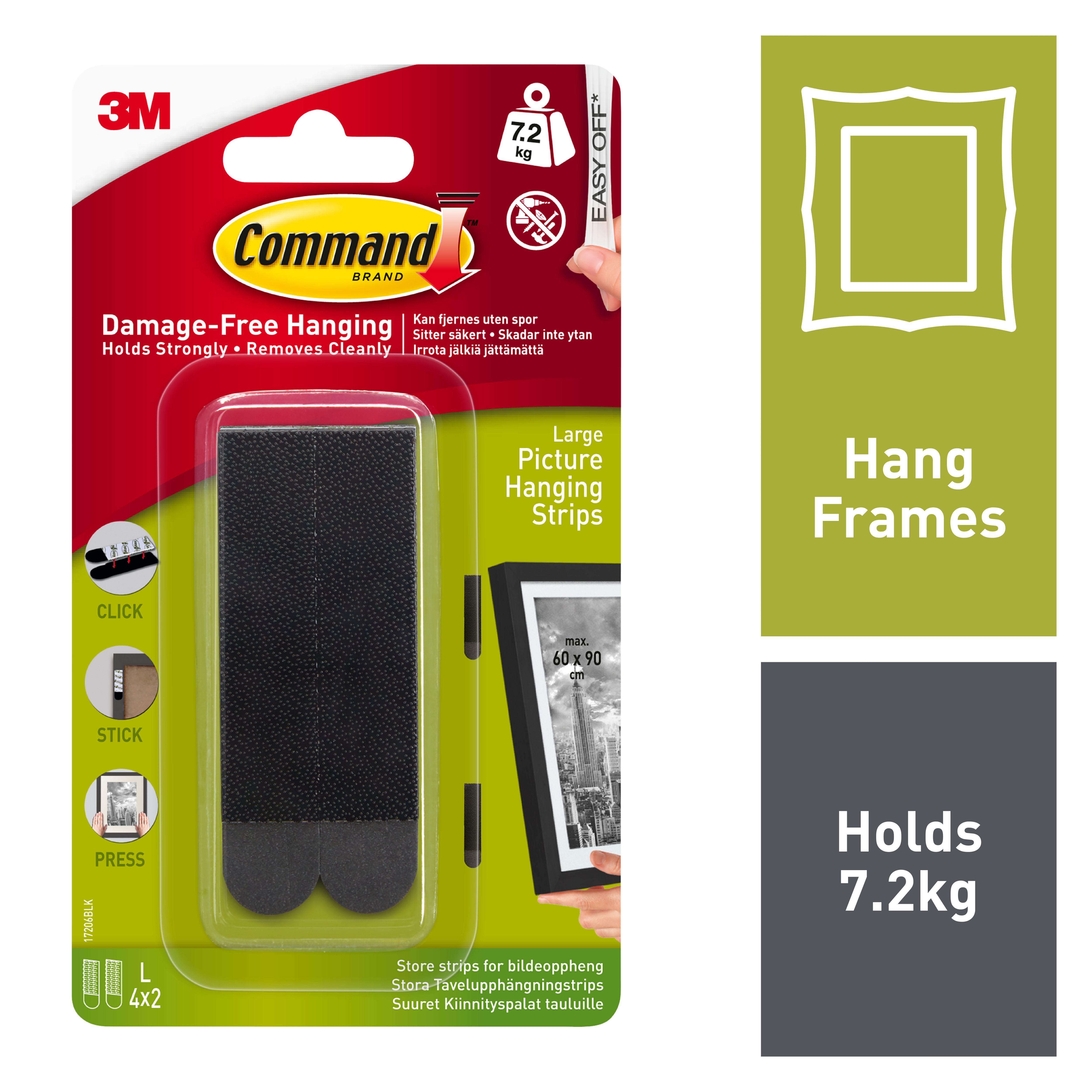 3M Command Large Black Picture hanging Adhesive strip (Holds)7.2kg, Set of 8