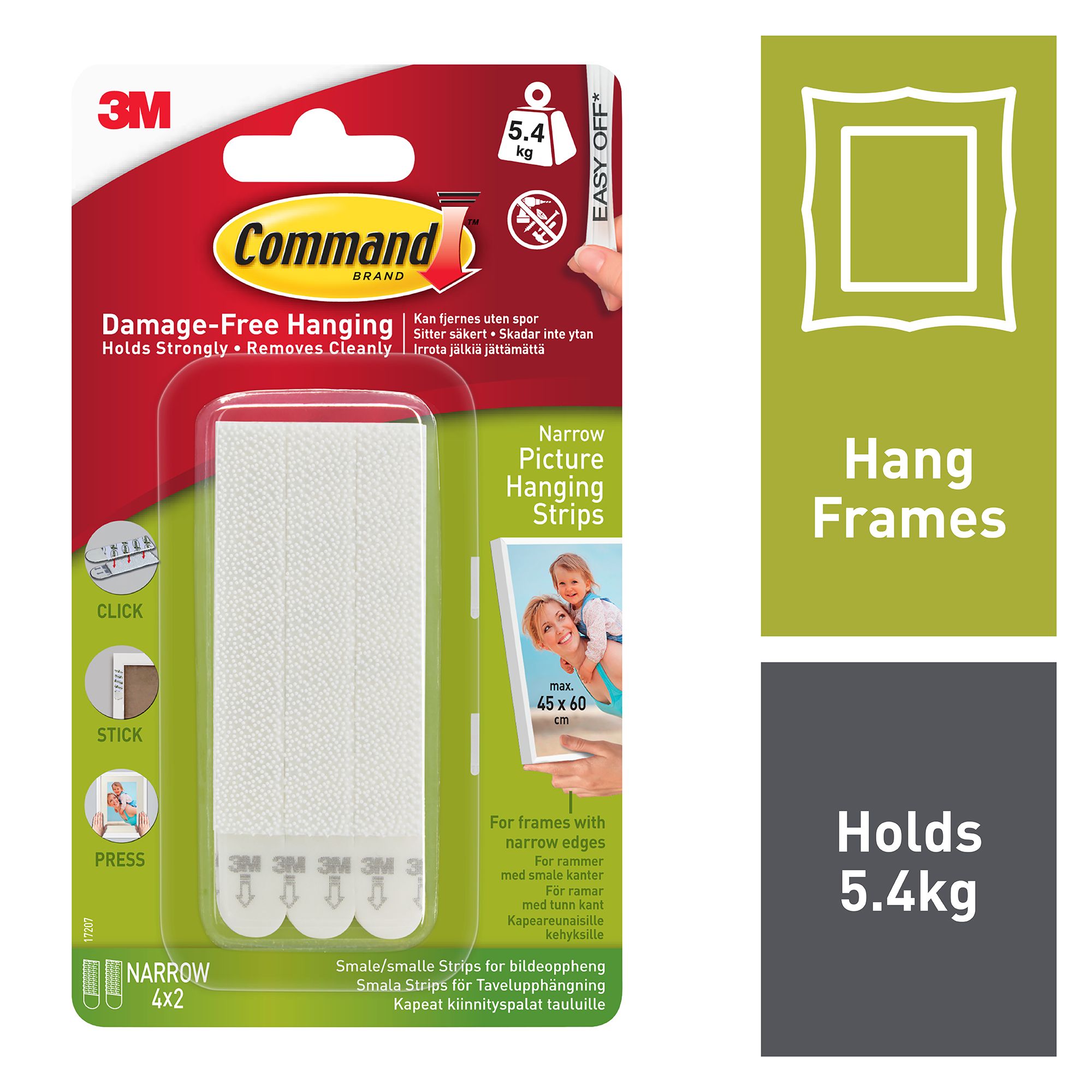 3M Command Narrow White Picture hanging Adhesive strip (Holds)5.4kg, Pack of 4