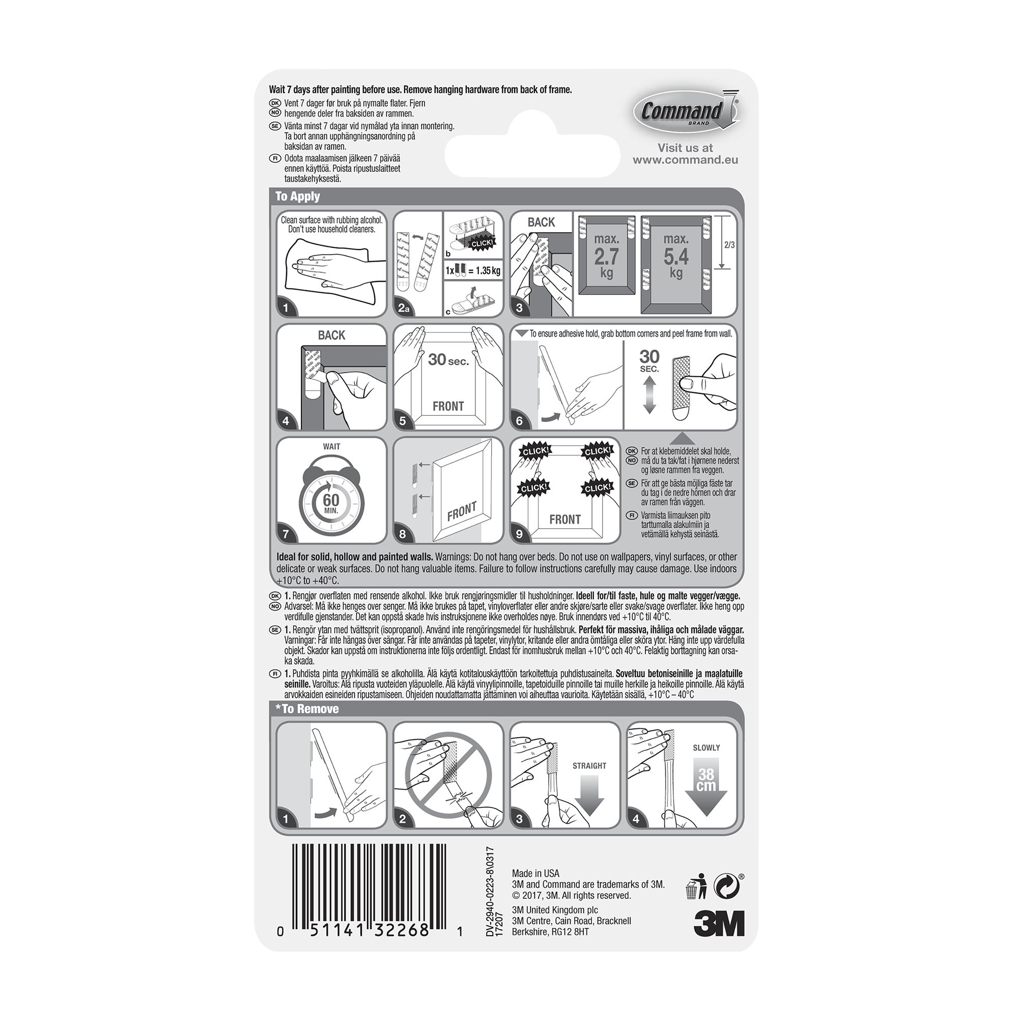 3M Command Narrow White Picture hanging Adhesive strip (Holds)5.4kg, Pack of 4