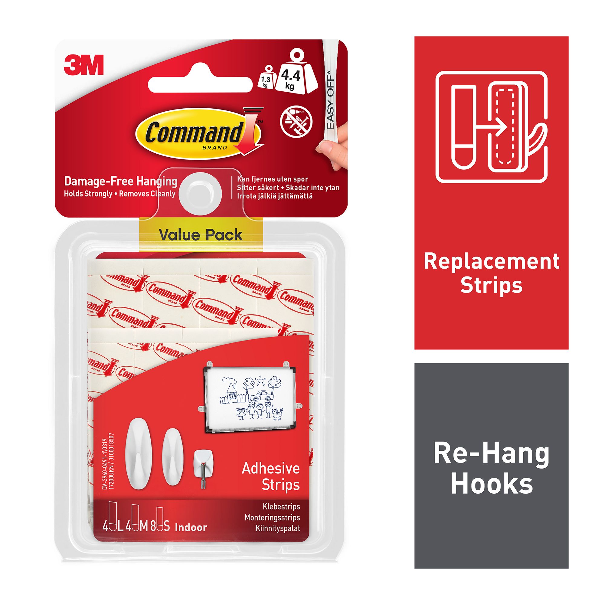 3M Command Small, medium & large White Replacement adhesive strip (Holds)4.4kg, Pack of 16