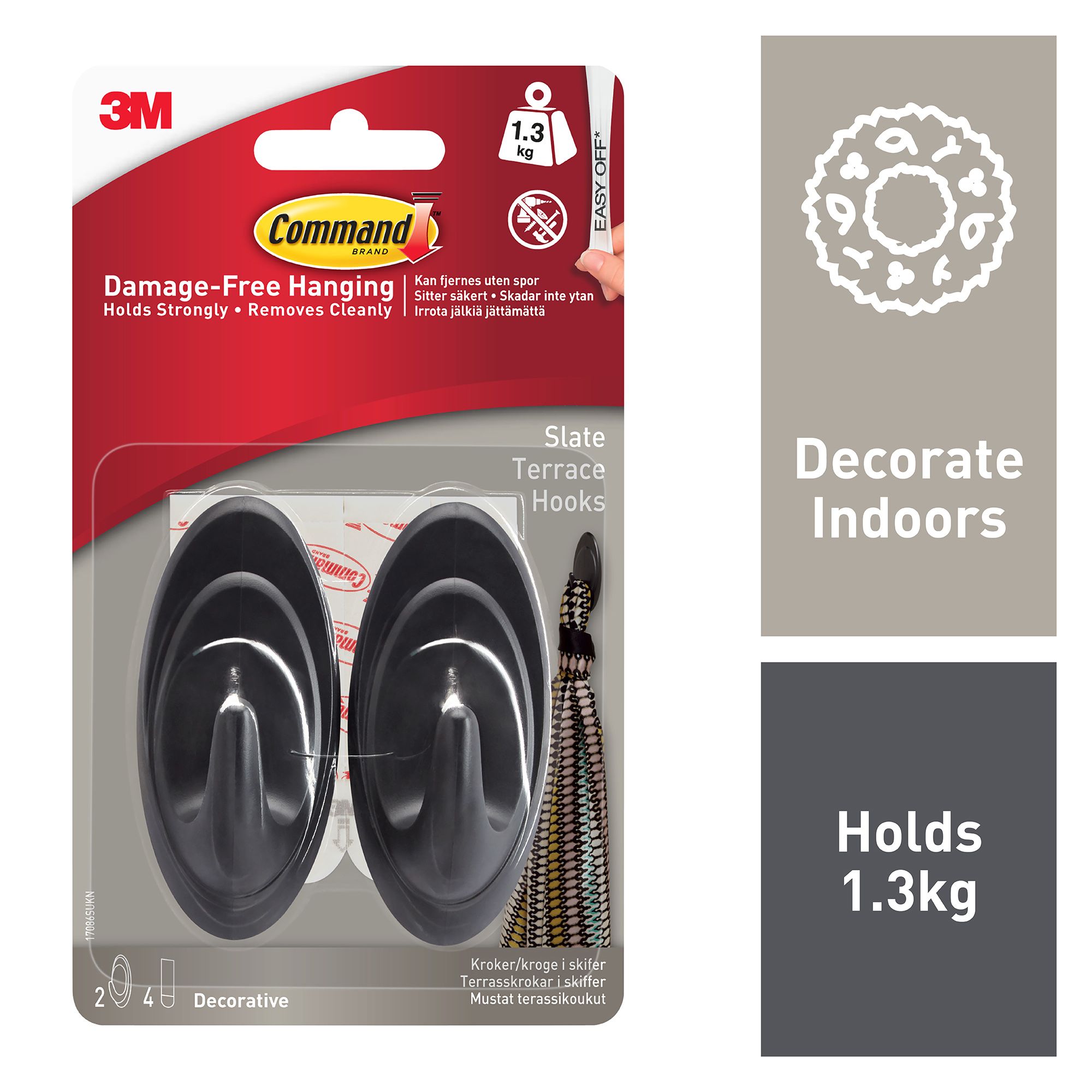 3M Command Terrace Slate effect Grey Hook (Holds)1.3kg, Pack of 2