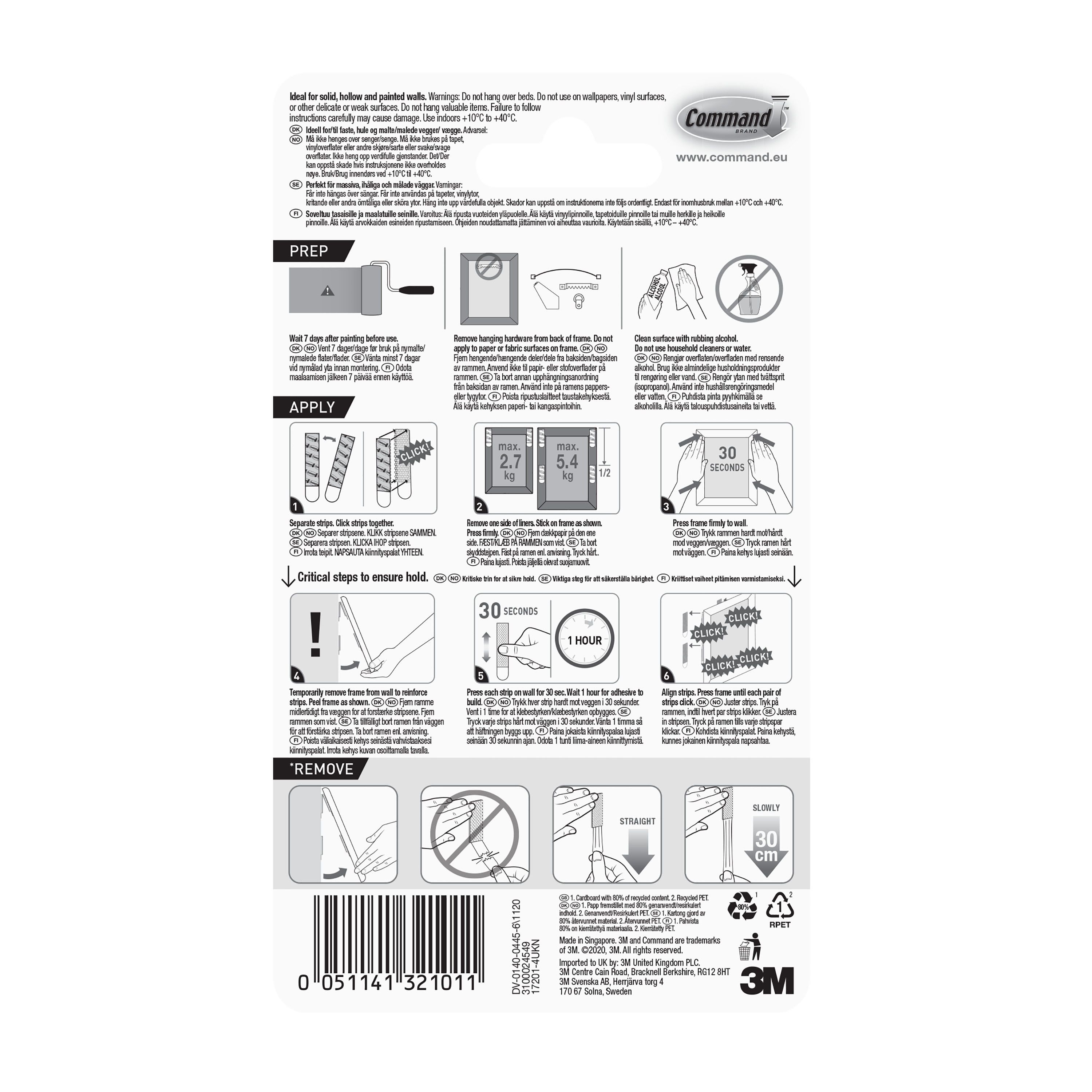 3M Command White Picture hanging Adhesive strip (Holds)5.4kg, Pack of 4