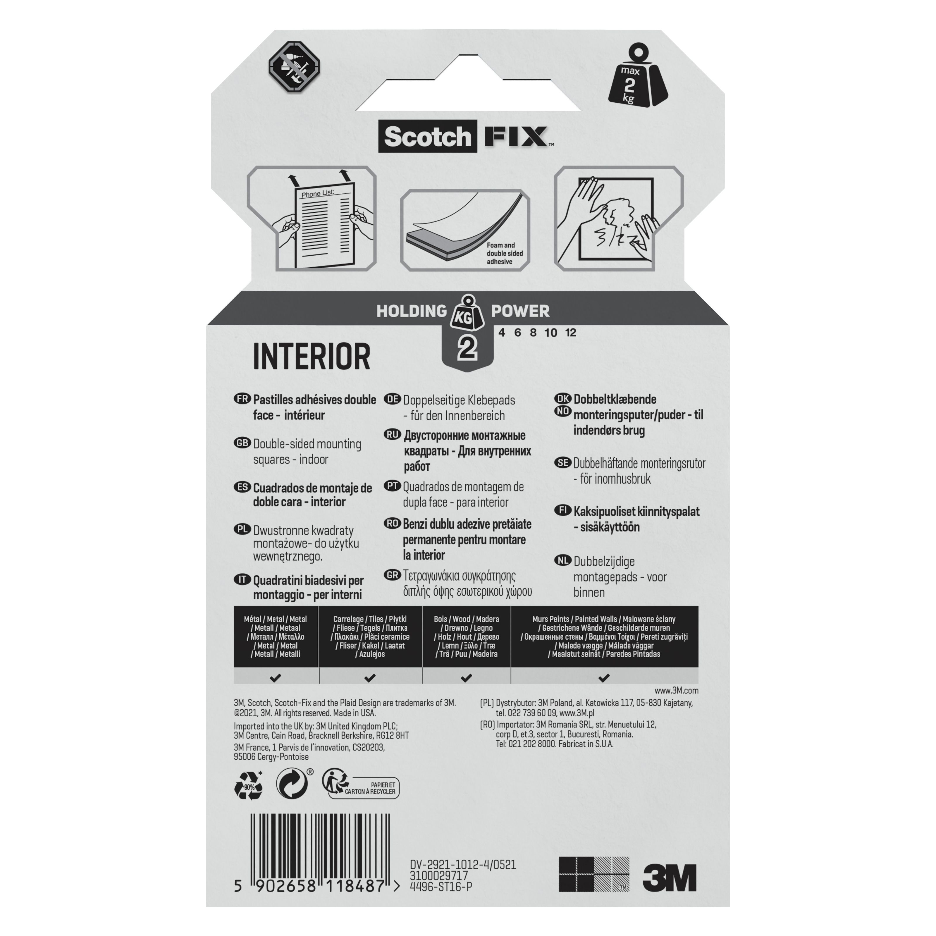 3M Scotch-Fix Indoor White, green Mounting Adhesive square (L)25mm (W)25mm, Pack of 16