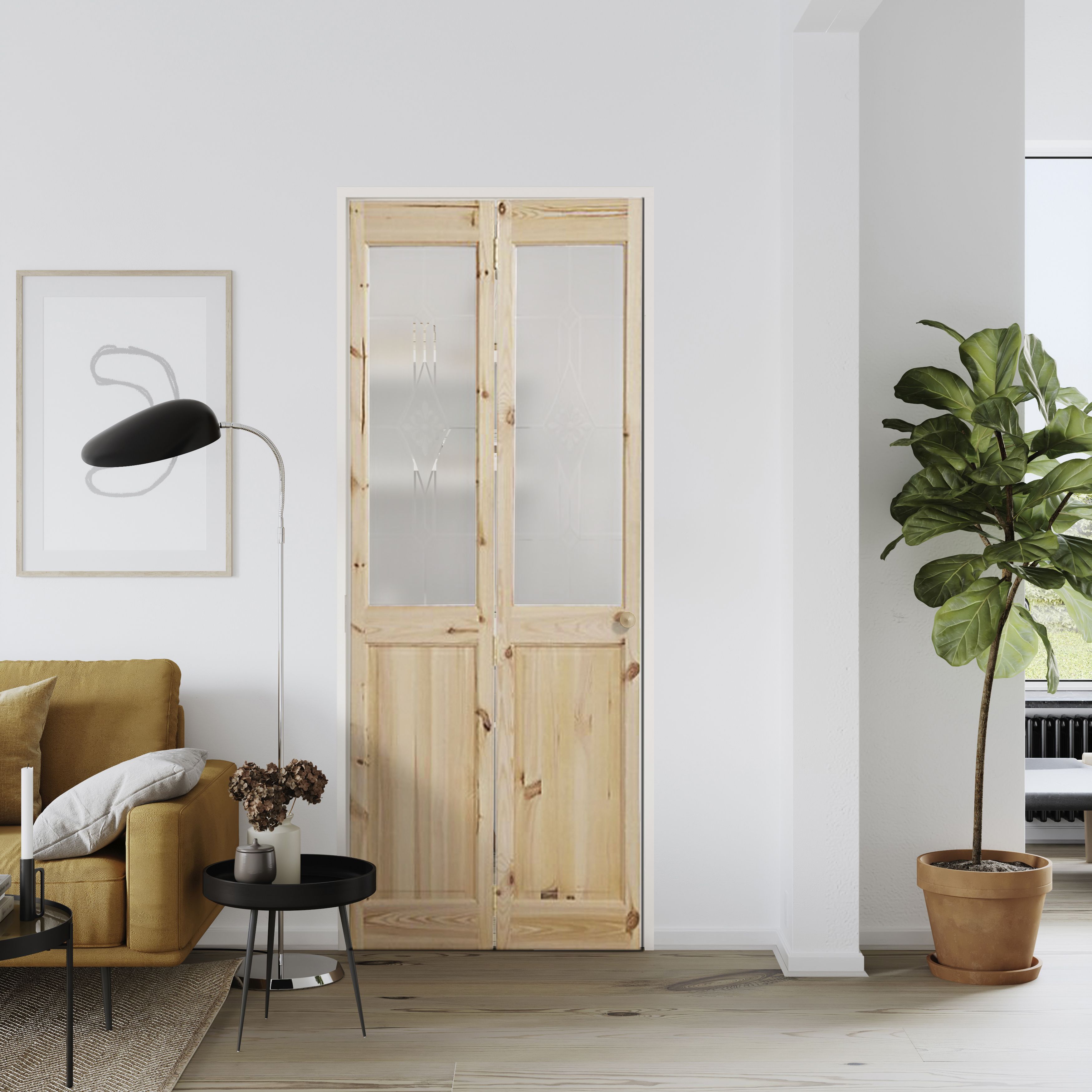 4 panel 2 Lite Frosted Glazed Knotty pine Internal Bi-fold Door set, (H)2005mm (W)715mm
