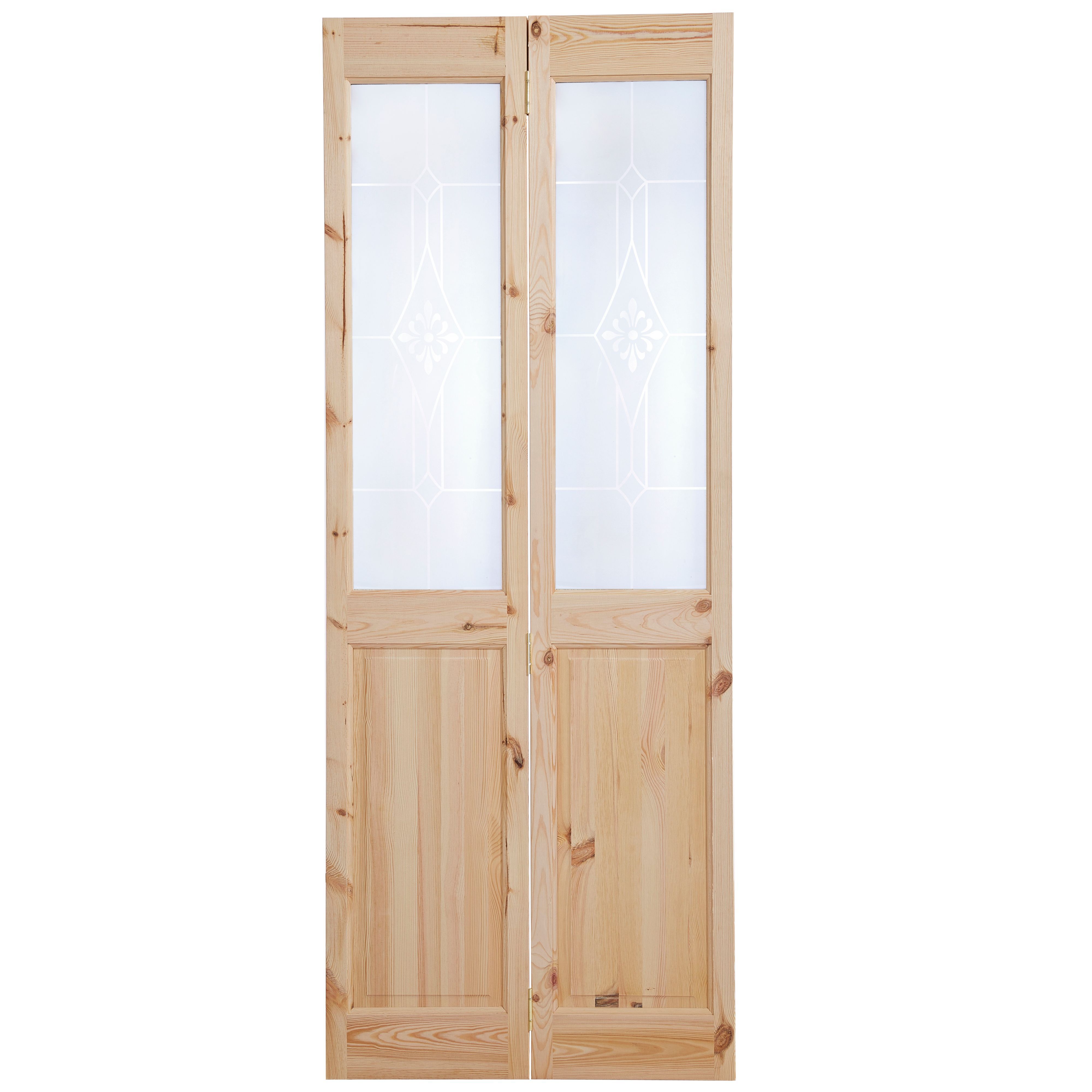 4 panel 2 Lite Frosted Glazed Knotty pine Internal Bi-fold Door set, (H)2005mm (W)815mm