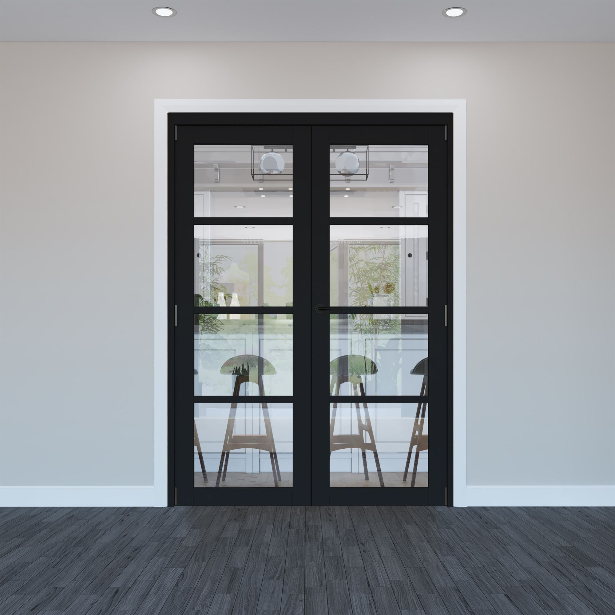 4 panel 4 Lite Clear Fully glazed Timber Black Internal French door set 2017mm x 133mm x 1445mm - Fully Finished