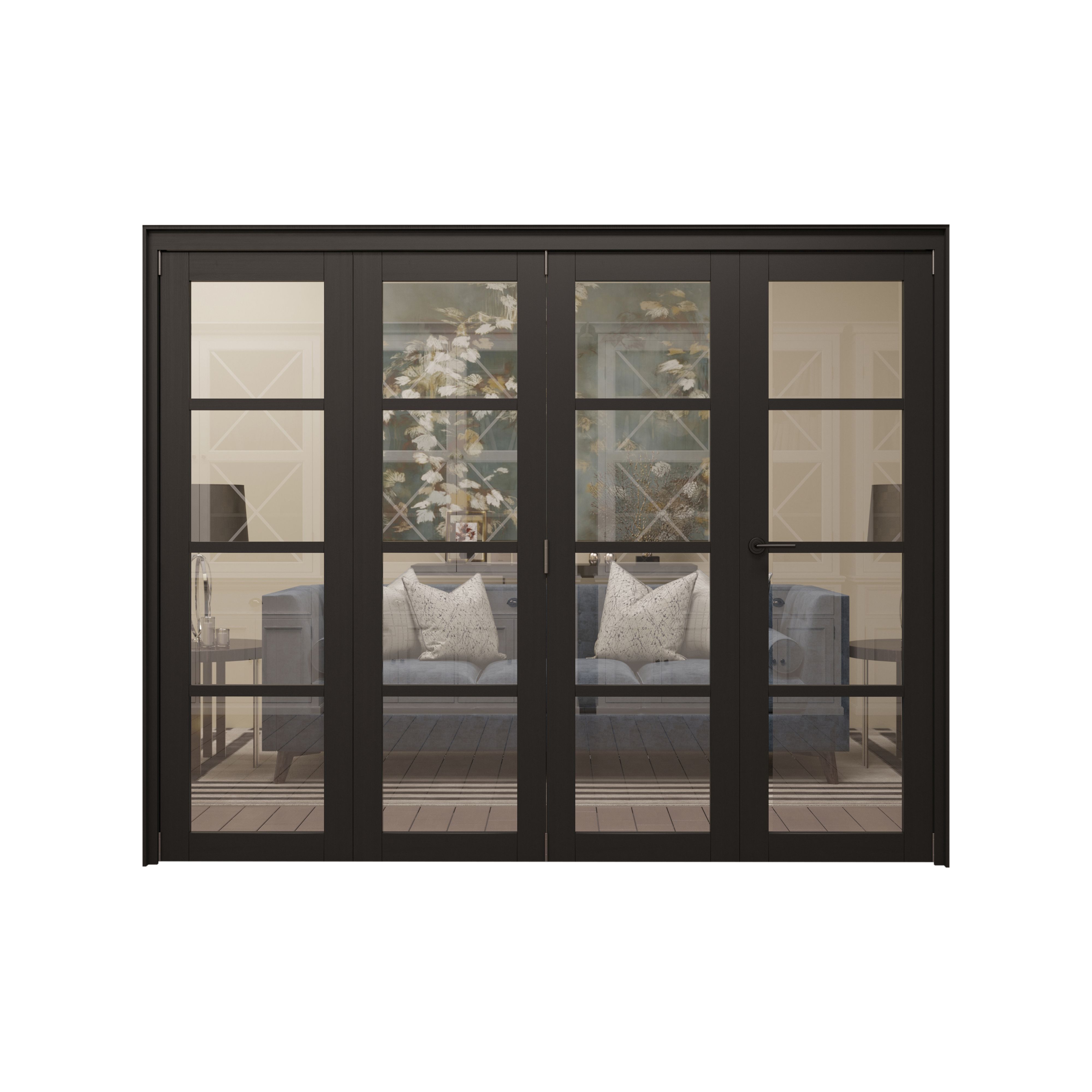 4 panel 4 Lite Clear Glazed Shaker Black Pine Internal Folding Door set, (H)2060mm (W)2831mm - Fully Finished