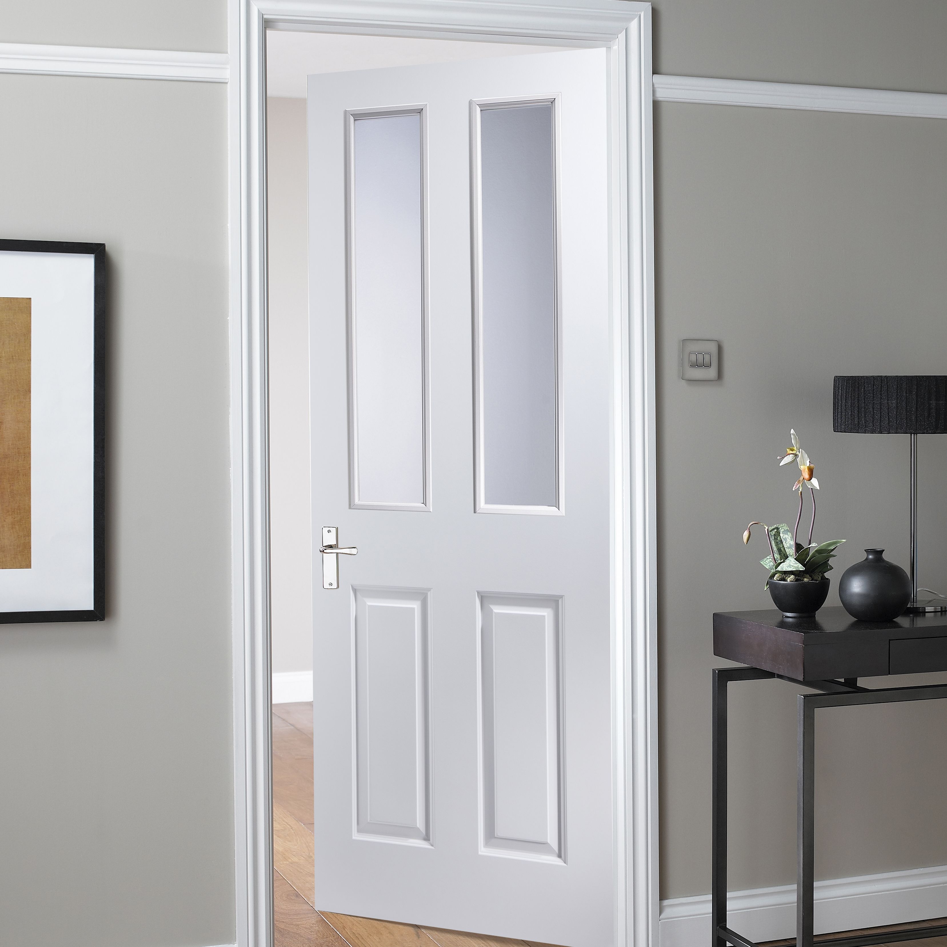 4 panel Clear Glazed Traditional White Internal Door, (H)1981mm (W)686mm (T)35mm