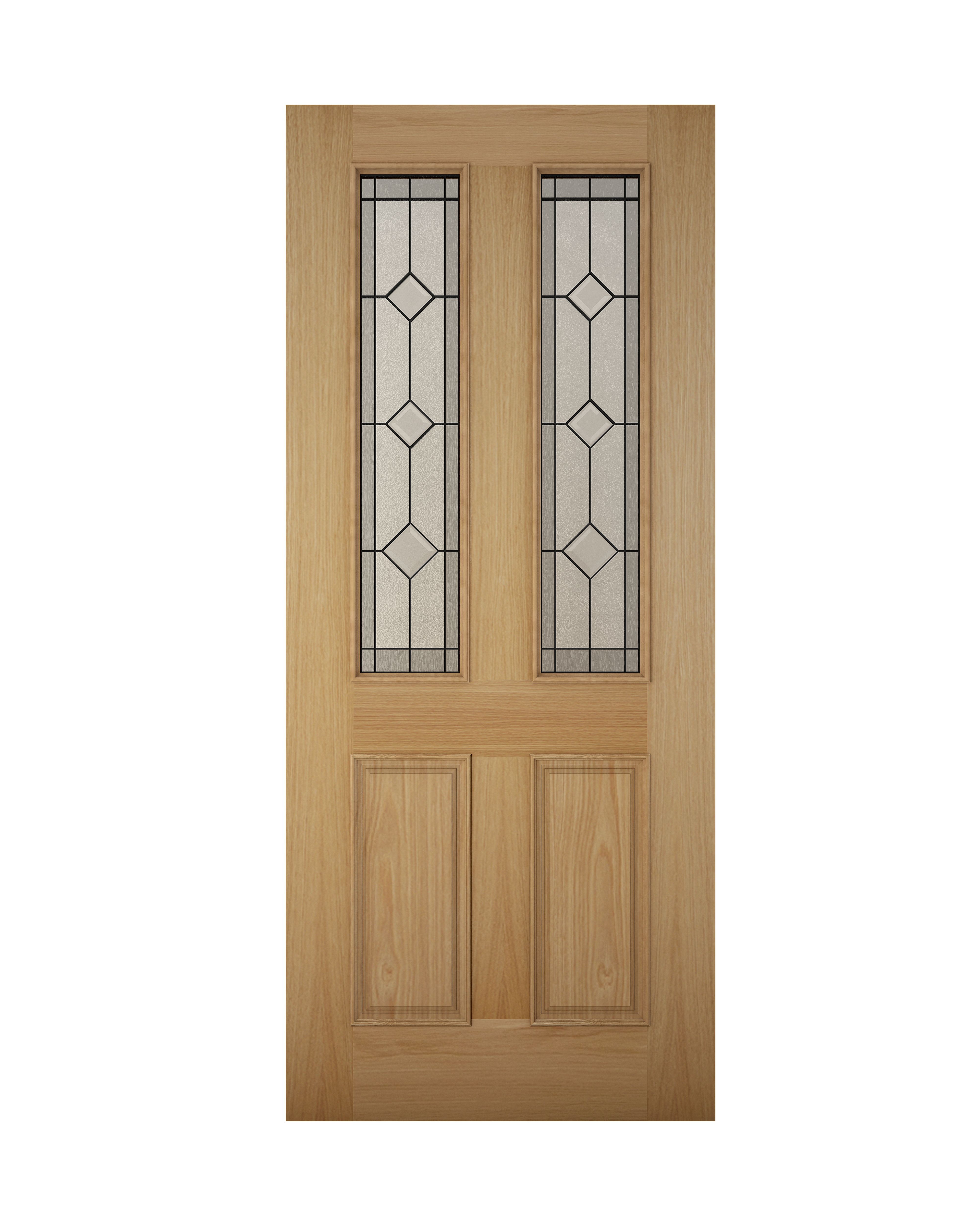 4 panel Diamond bevel Leaded Glazed Wooden White oak veneer External Panel Front door, (H)2032mm (W)813mm