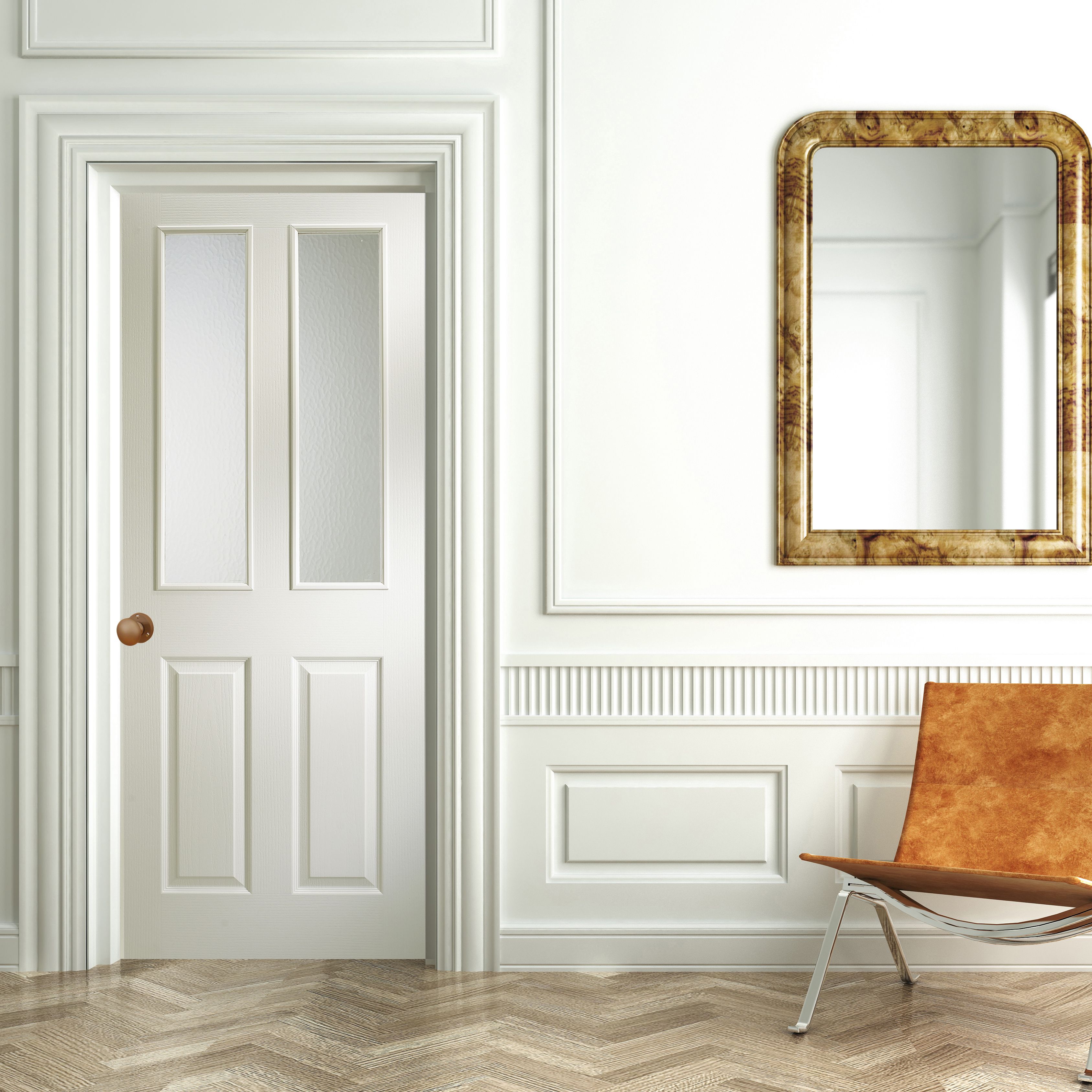 4 panel Frosted Glazed White Woodgrain effect Internal Door, (H)1981mm (W)762mm (T)35mm