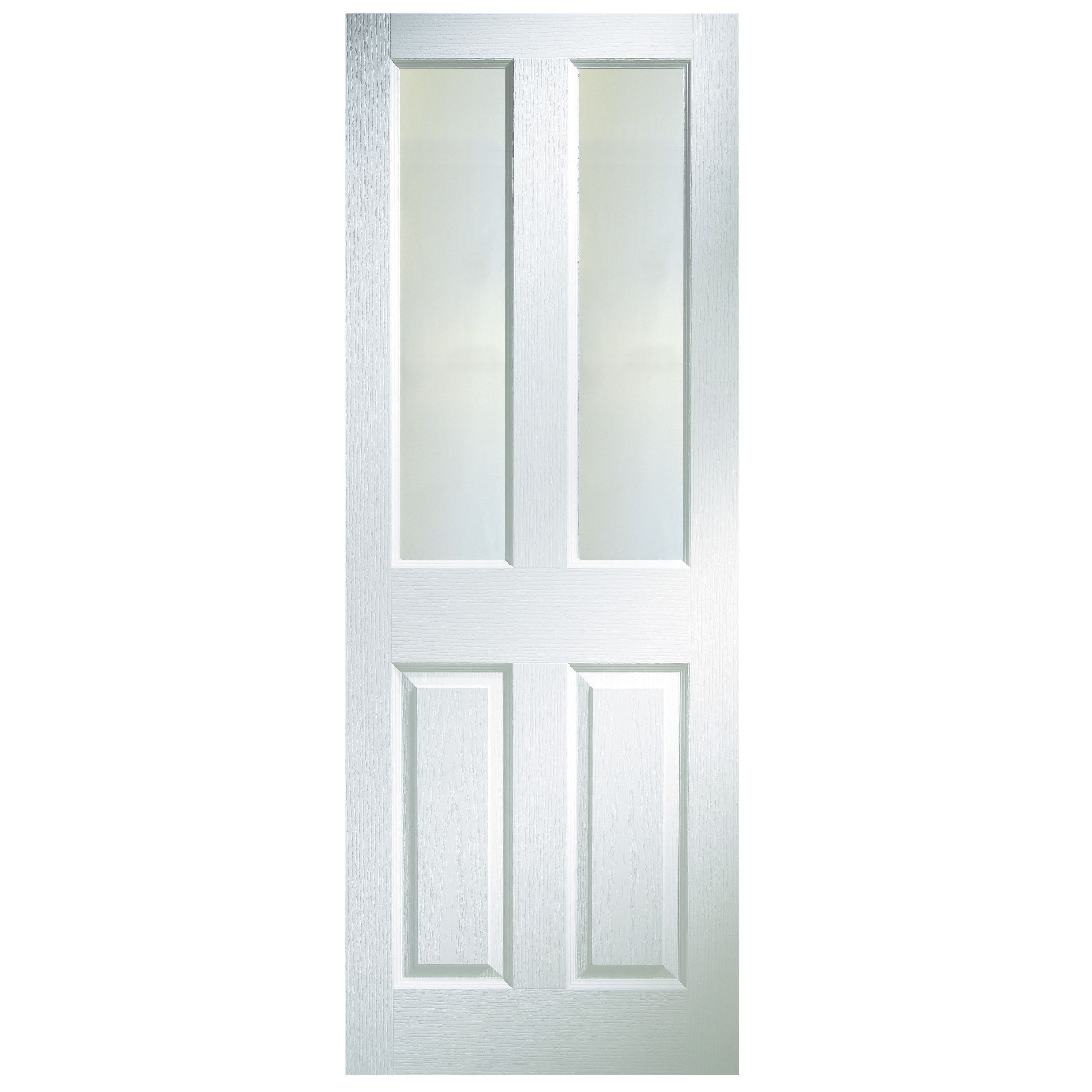 4 panel Frosted Glazed White Woodgrain effect Internal Door, (H)1981mm (W)838mm (T)35mm