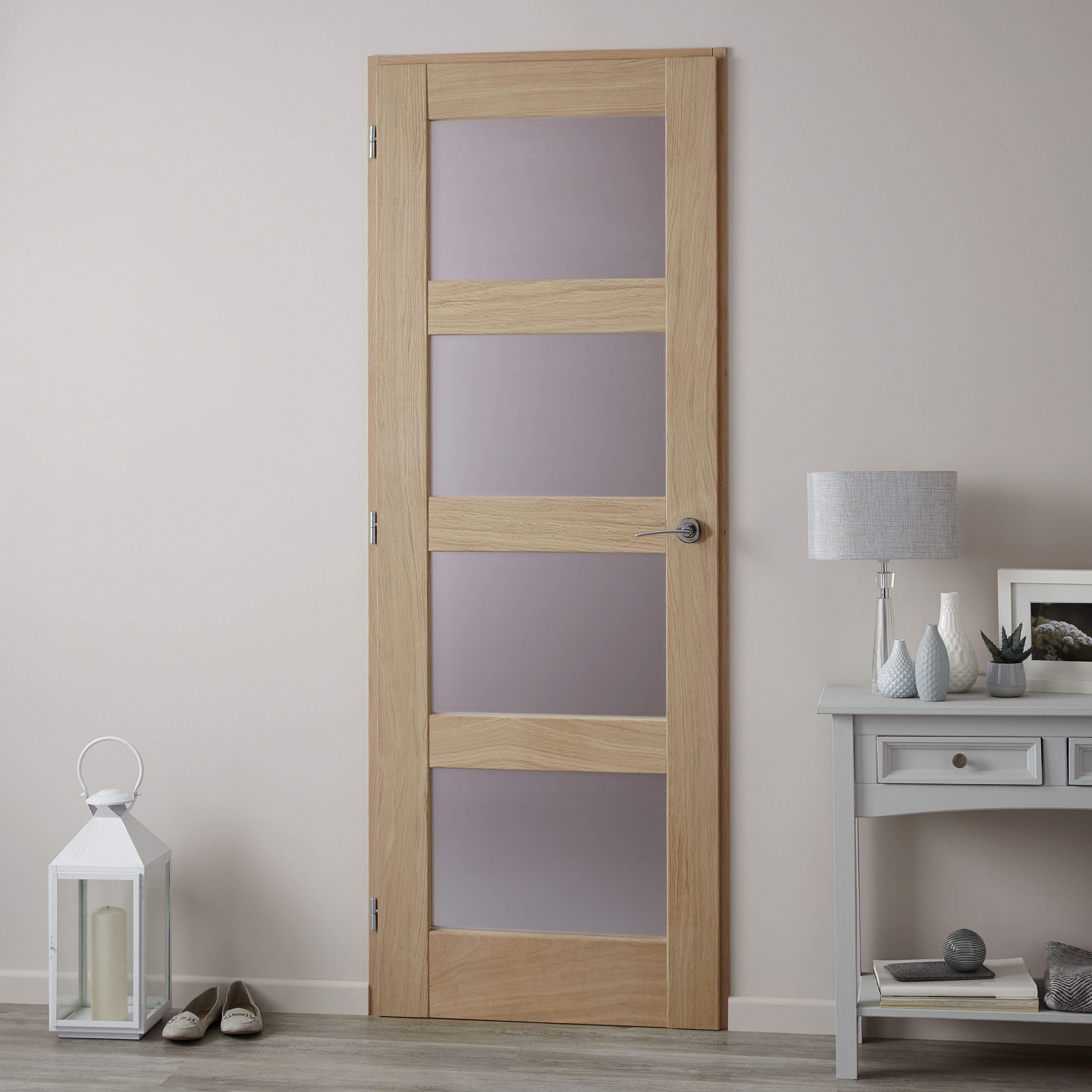 4 panel Glazed Shaker Oak veneer Internal Door, (H)1981mm (W)610mm (T)35mm