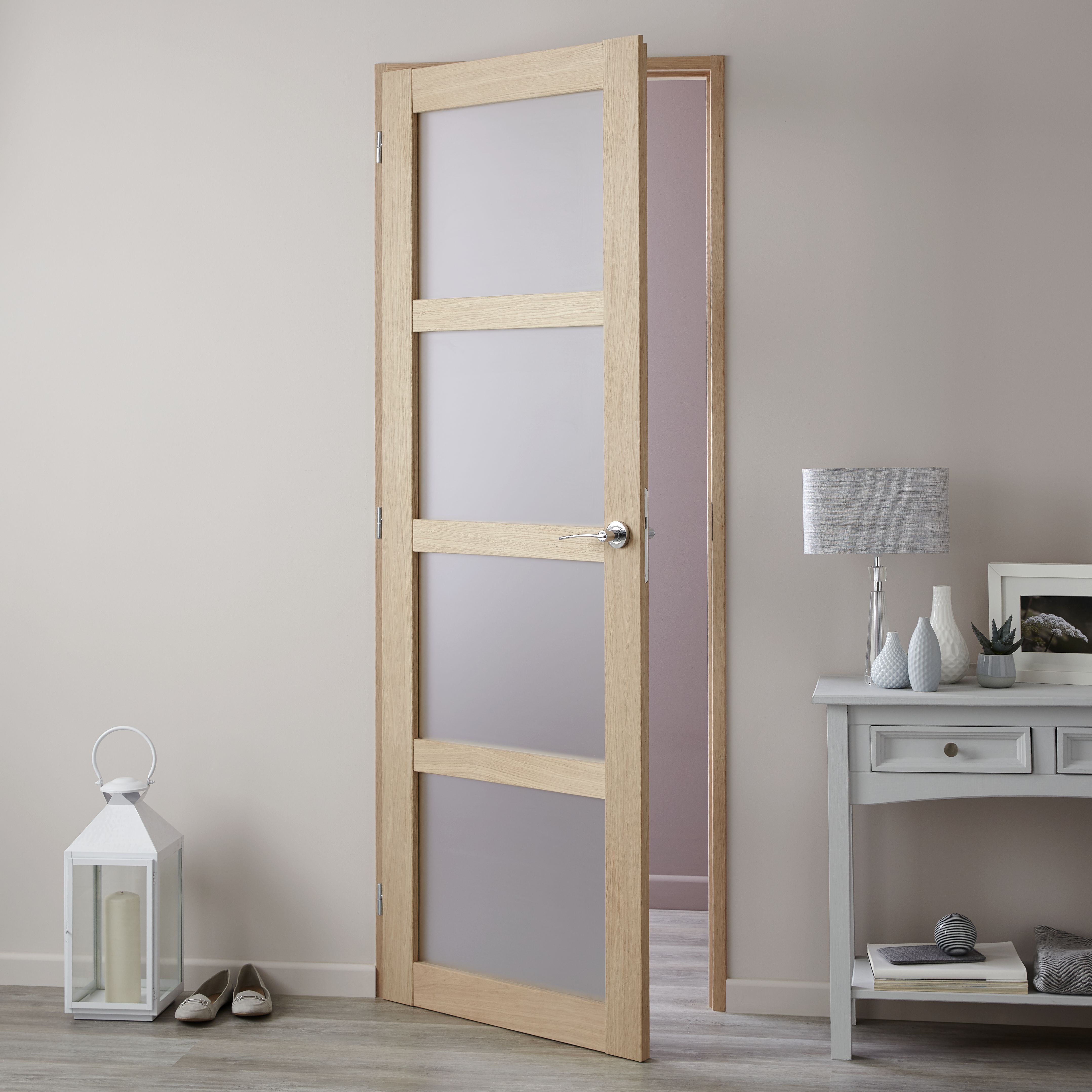 4 panel Glazed Shaker Oak veneer Internal Door, (H)1981mm (W)838mm (T)35mm