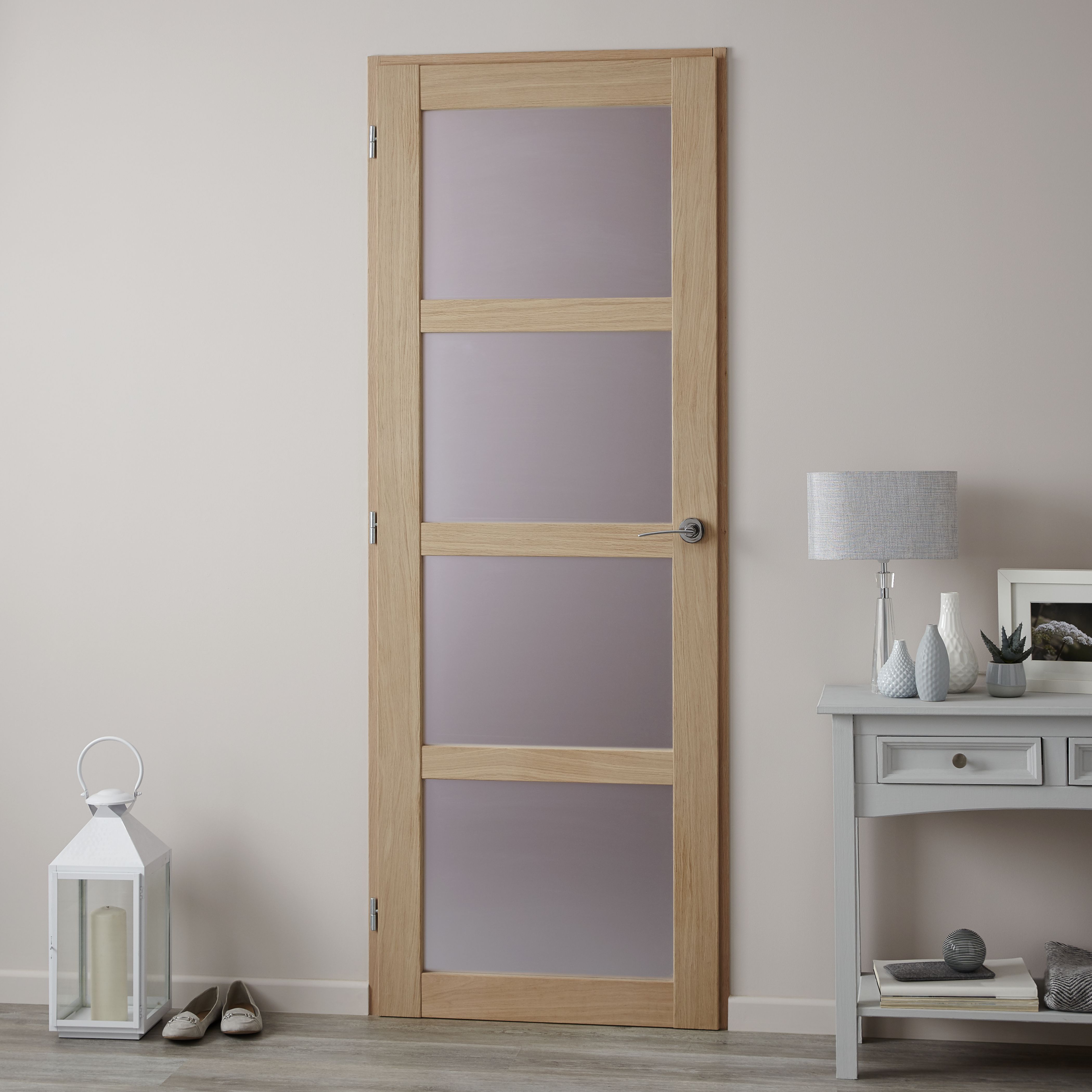 4 panel Glazed Shaker Oak veneer Internal Door, (H)1981mm (W)838mm (T)35mm