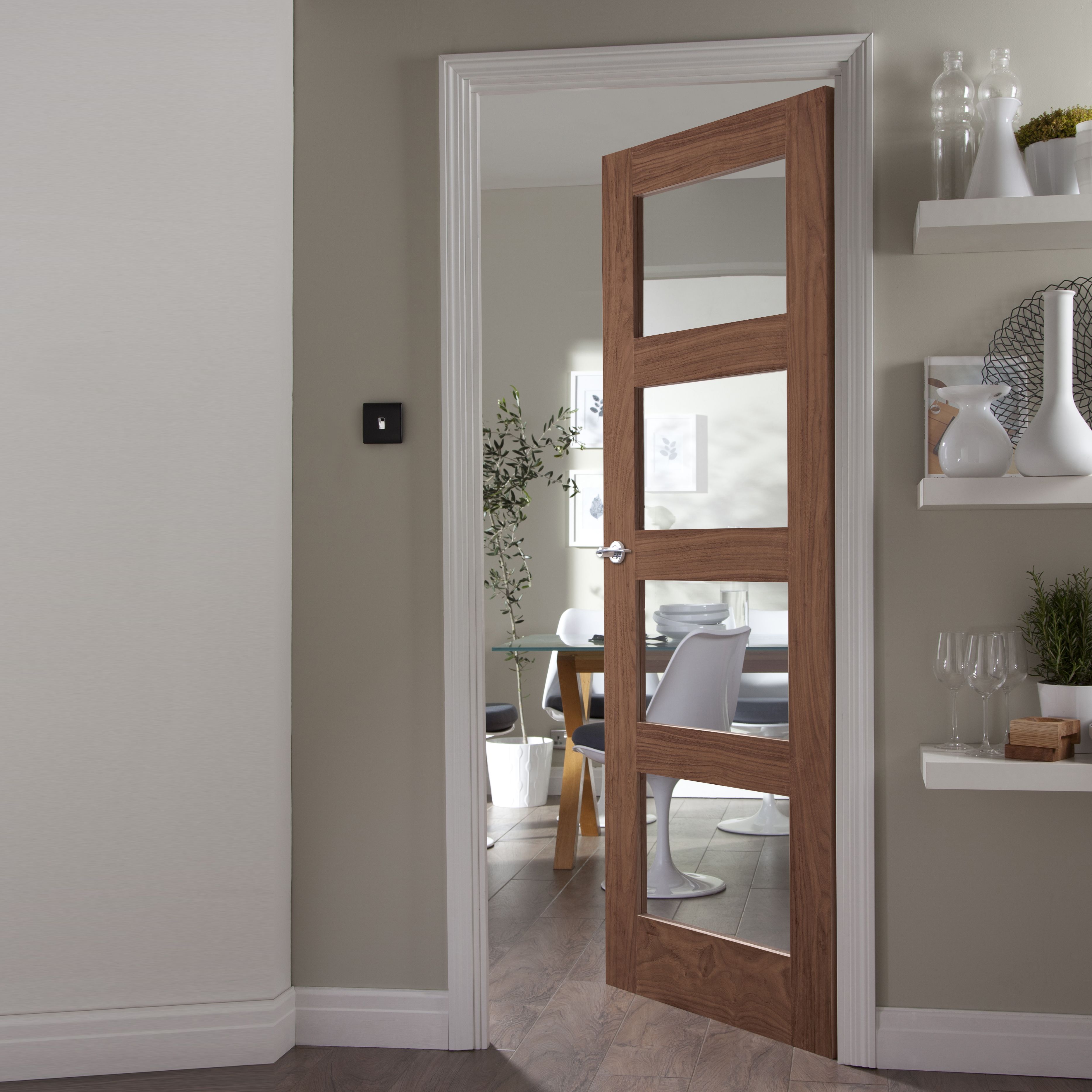 4 panel Glazed Shaker Walnut veneer Internal Door, (H)1981mm (W)686mm (T)35mm