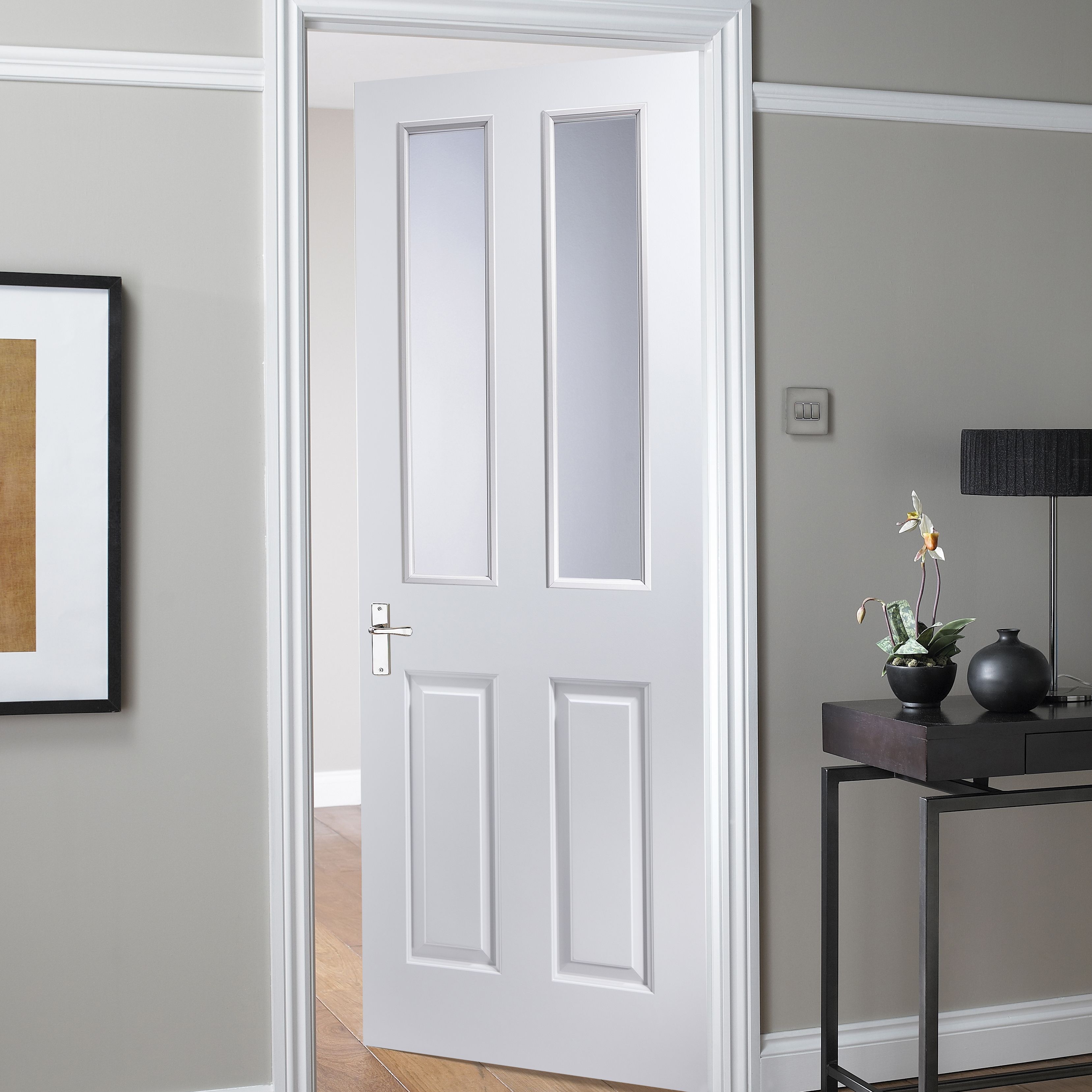 4 panel Glazed White Internal Door, (H)1981mm (W)610mm (T)35mm