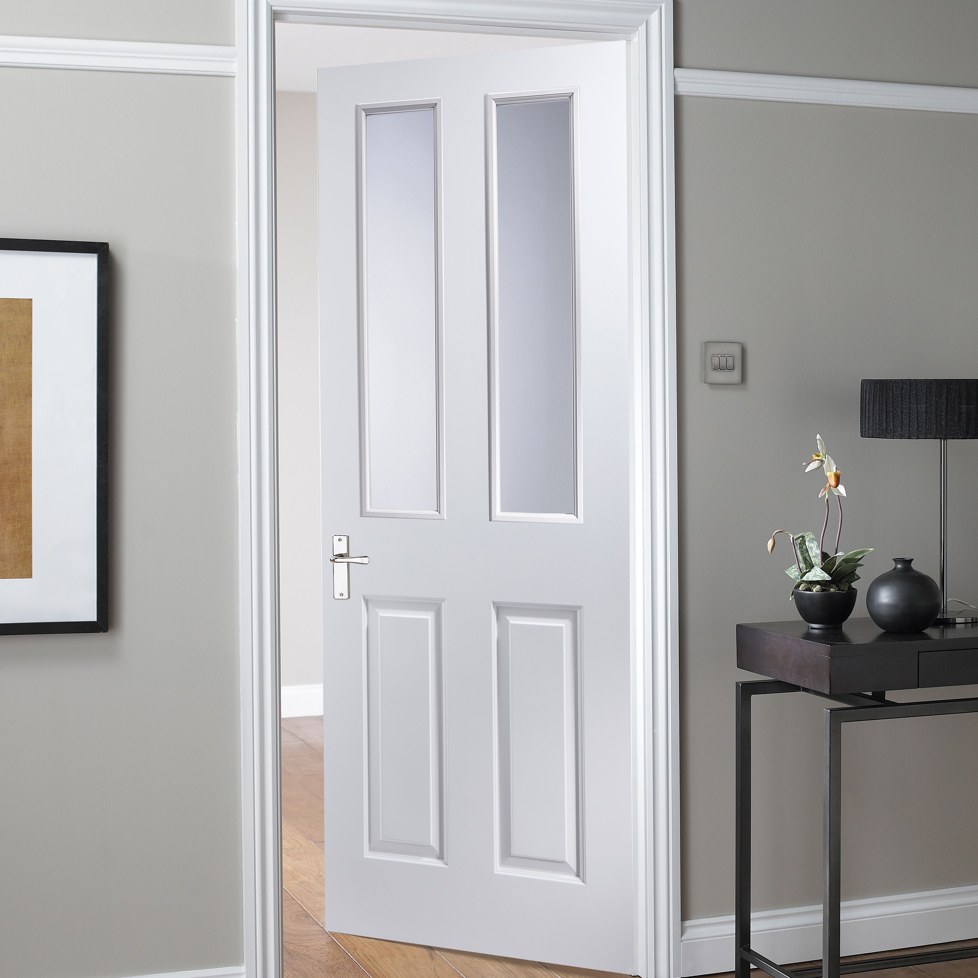 4 panel Glazed White Internal Door, (H)1981mm (W)838mm (T)35mm
