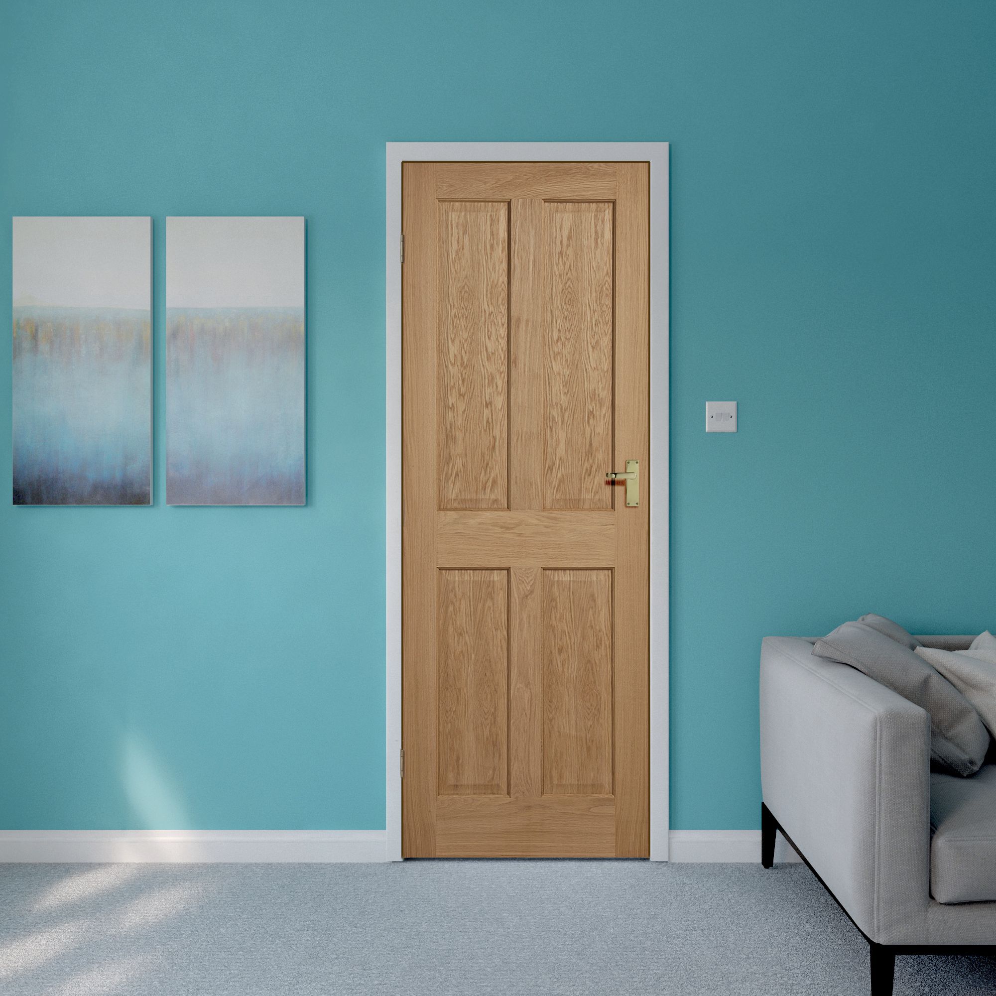 4 panel Prefinished Unglazed Oak veneer Internal Door, (H)1981mm (W)686mm (T)35mm