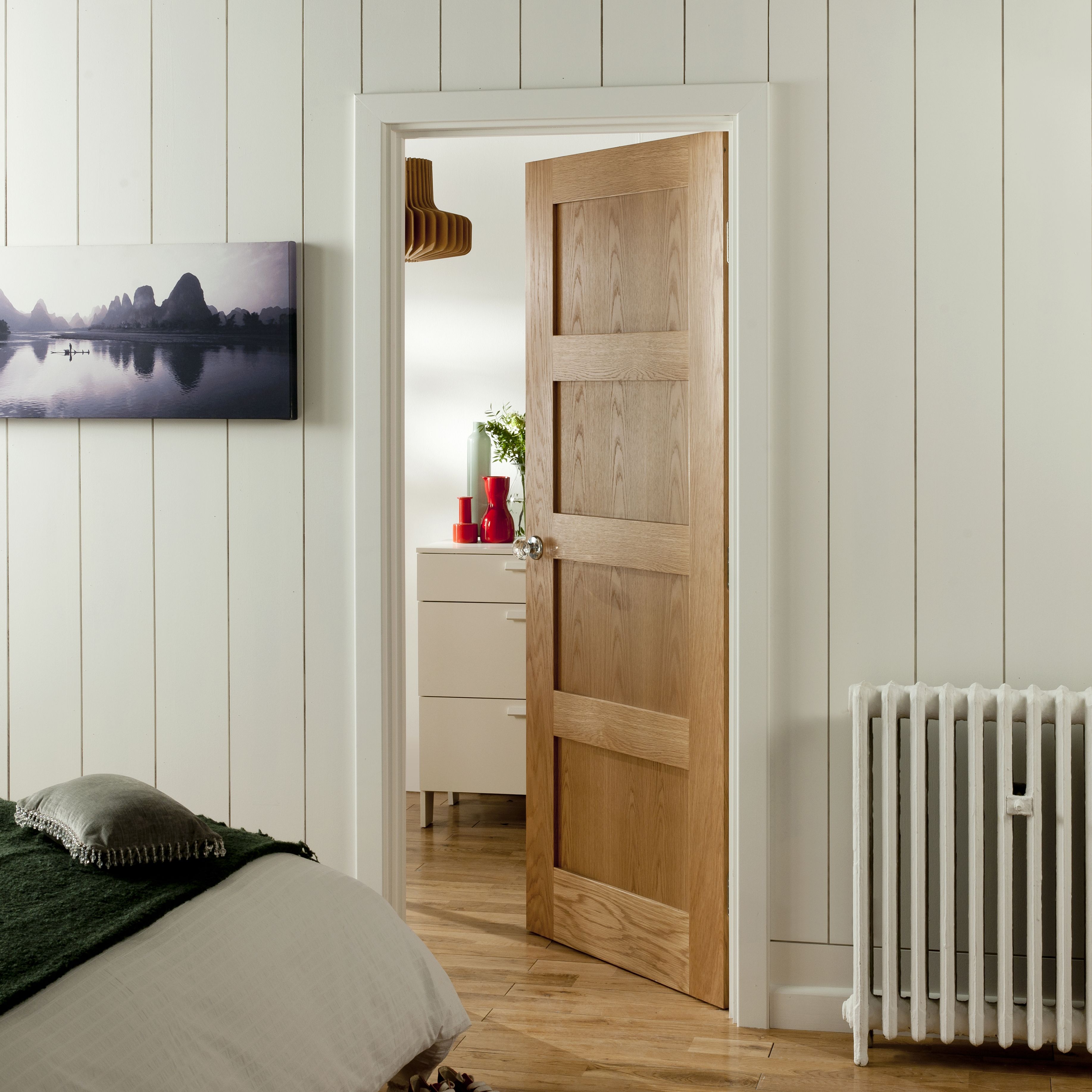 4 panel Unglazed Shaker Oak veneer Internal Fire door, (H)1981mm (W)762mm (T)44mm