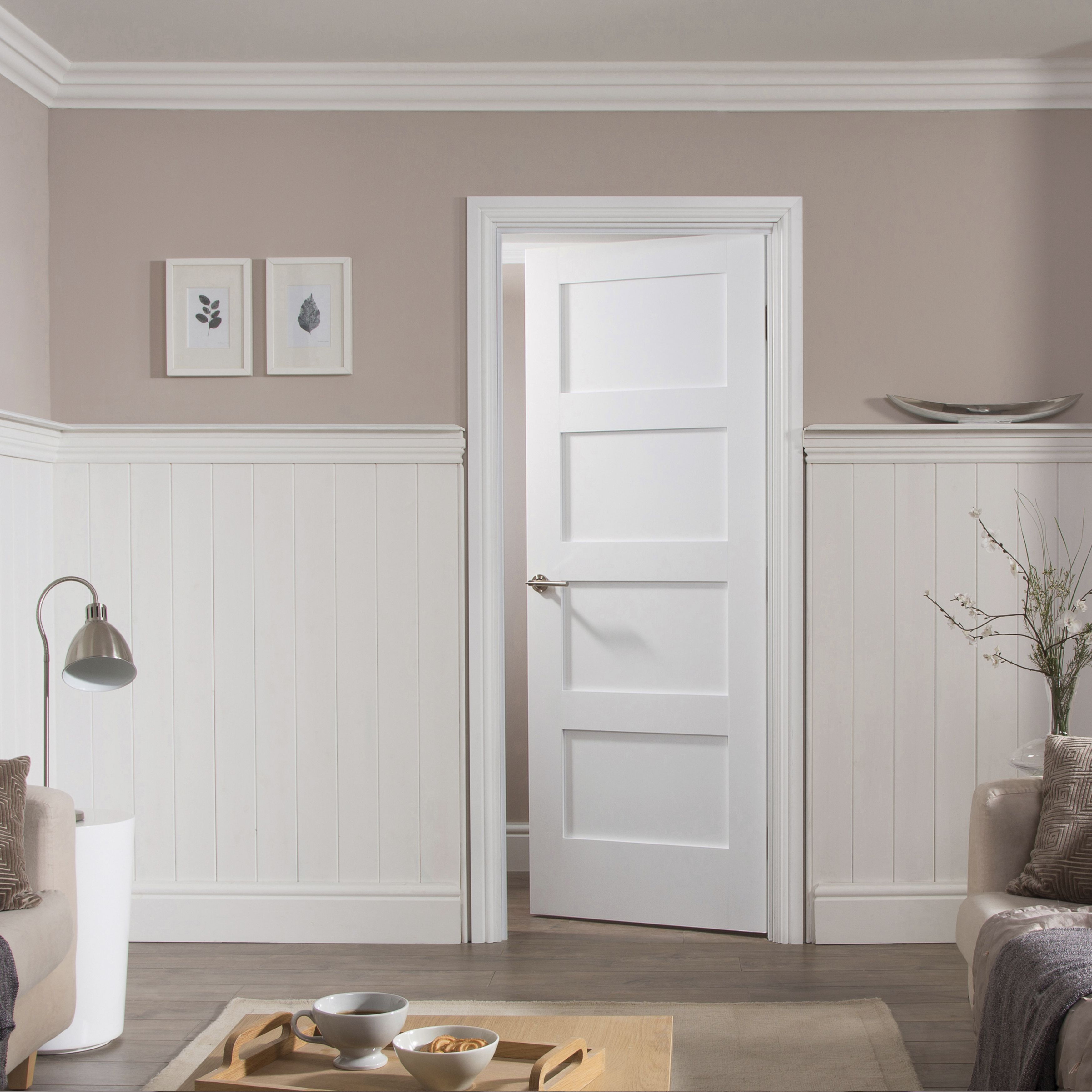 4 panel Unglazed Shaker White Oak veneer Internal Door, (H)1981mm (W)610mm (T)35mm