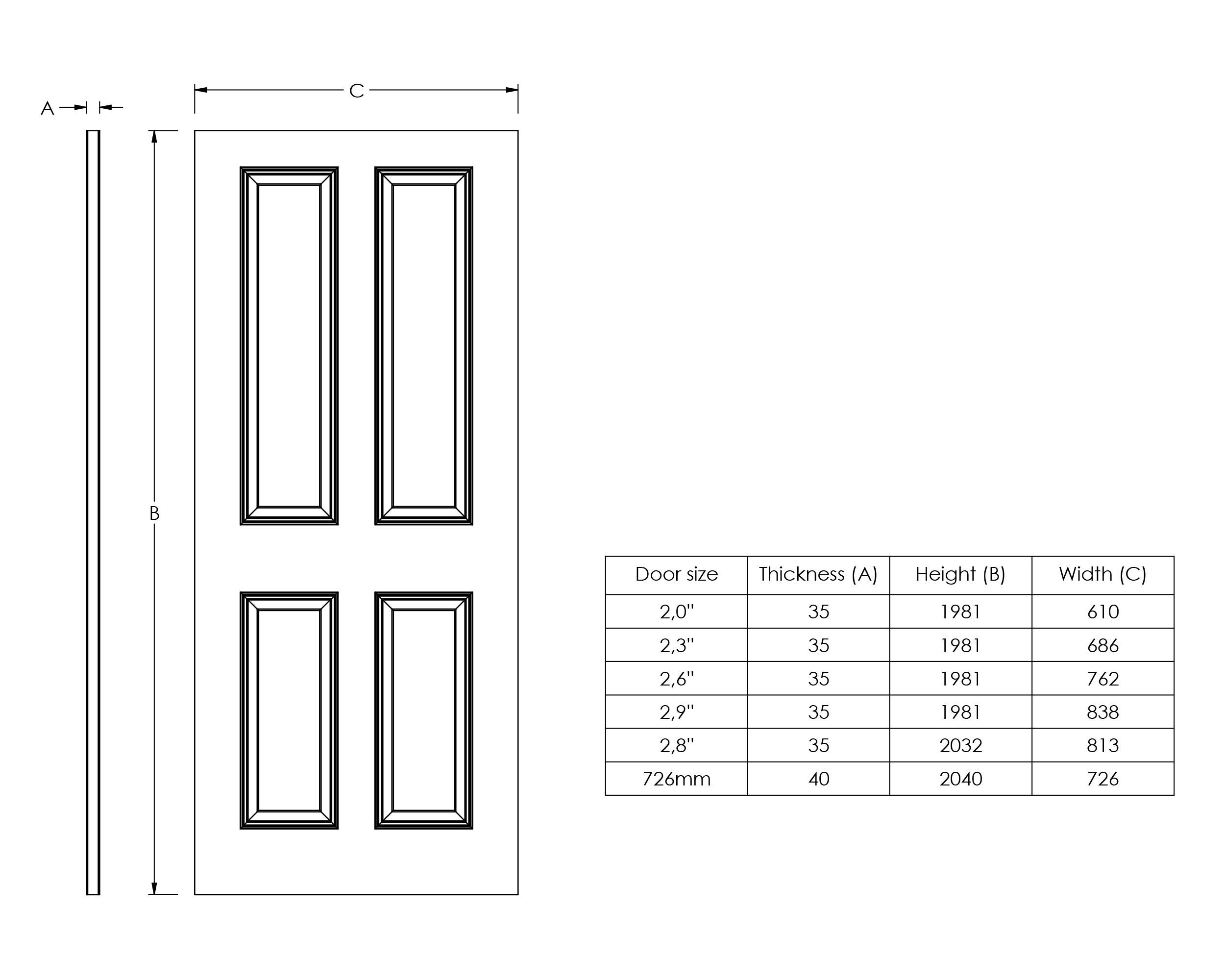 4 panel Unglazed White Internal Door, (H)2040mm (W)726mm (T)40mm