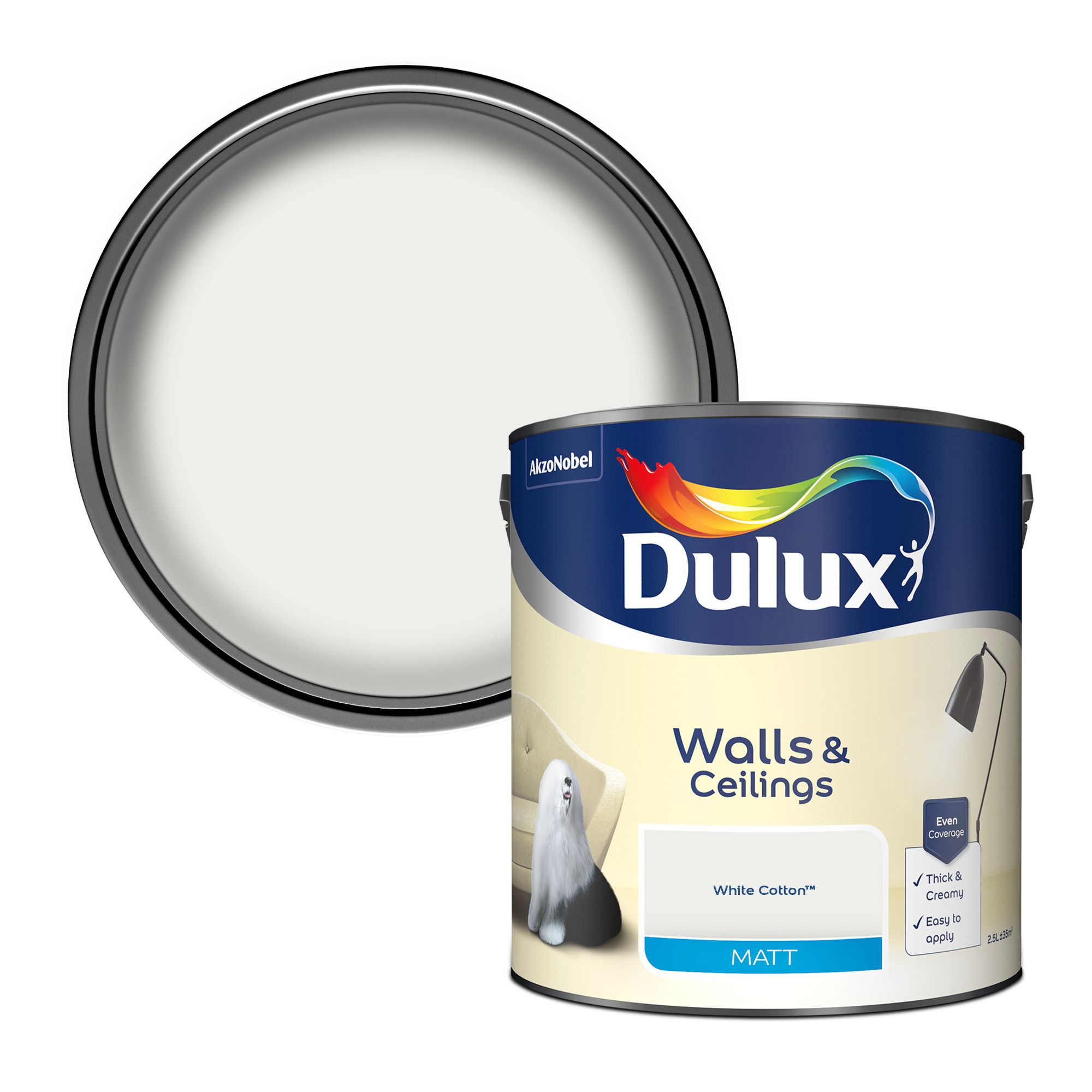 Dulux White cotton Matt Emulsion paint 2.5 | Departments | DIY at B&Q