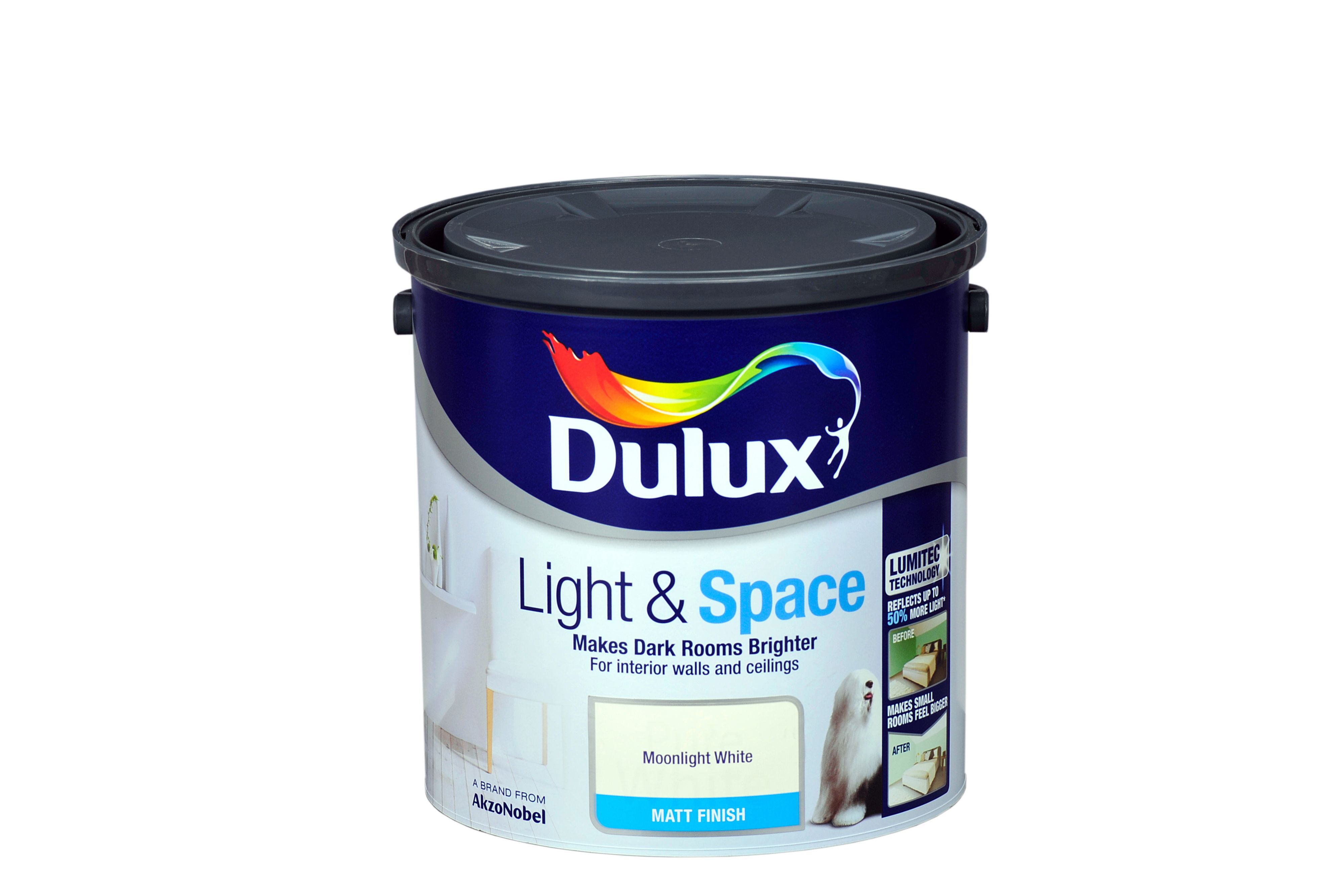 Dulux Light & Space Moonlight White Matt Emulsion Paint 2.5L Plastic Container Departments