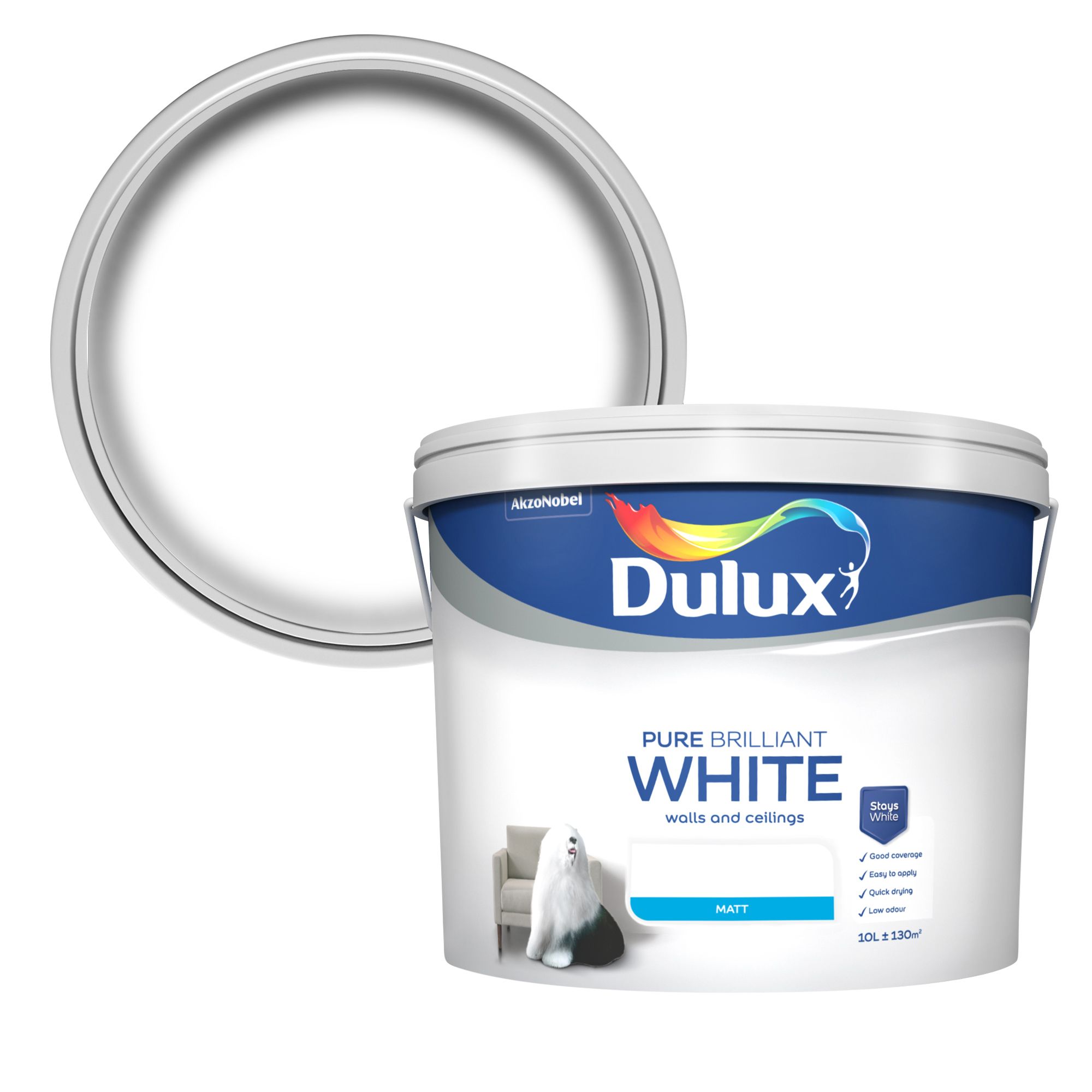 Dulux Pure brilliant white Matt Emulsion paint, 10L | Departments