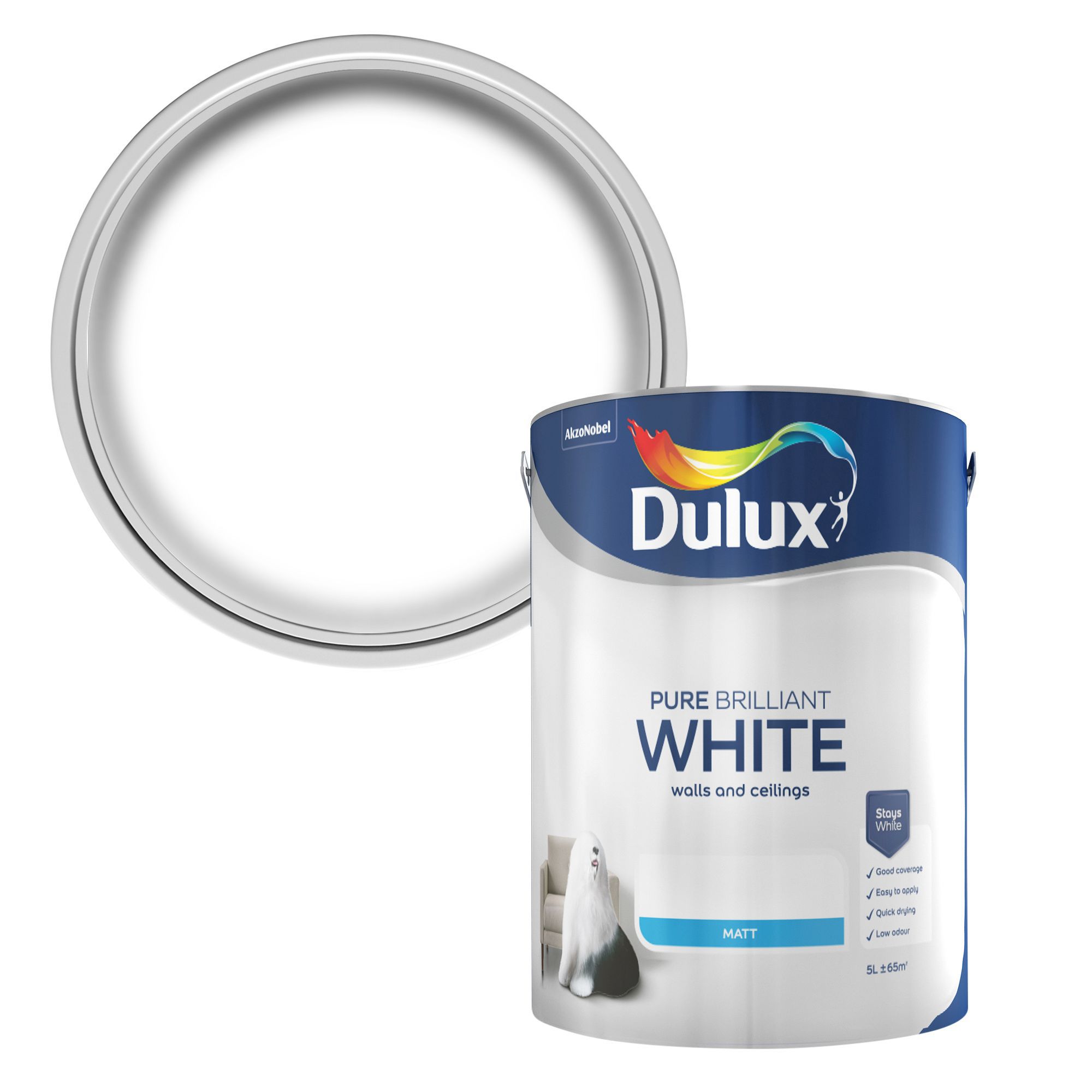 Dulux Pure brilliant white Matt Emulsion paint 5L | Departments | DIY