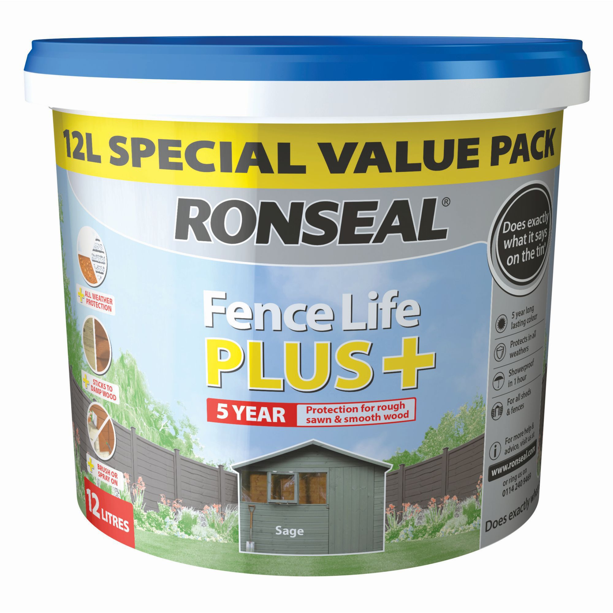 Ronseal Fence life plus Sage Matt Shed & fence treatment 12L