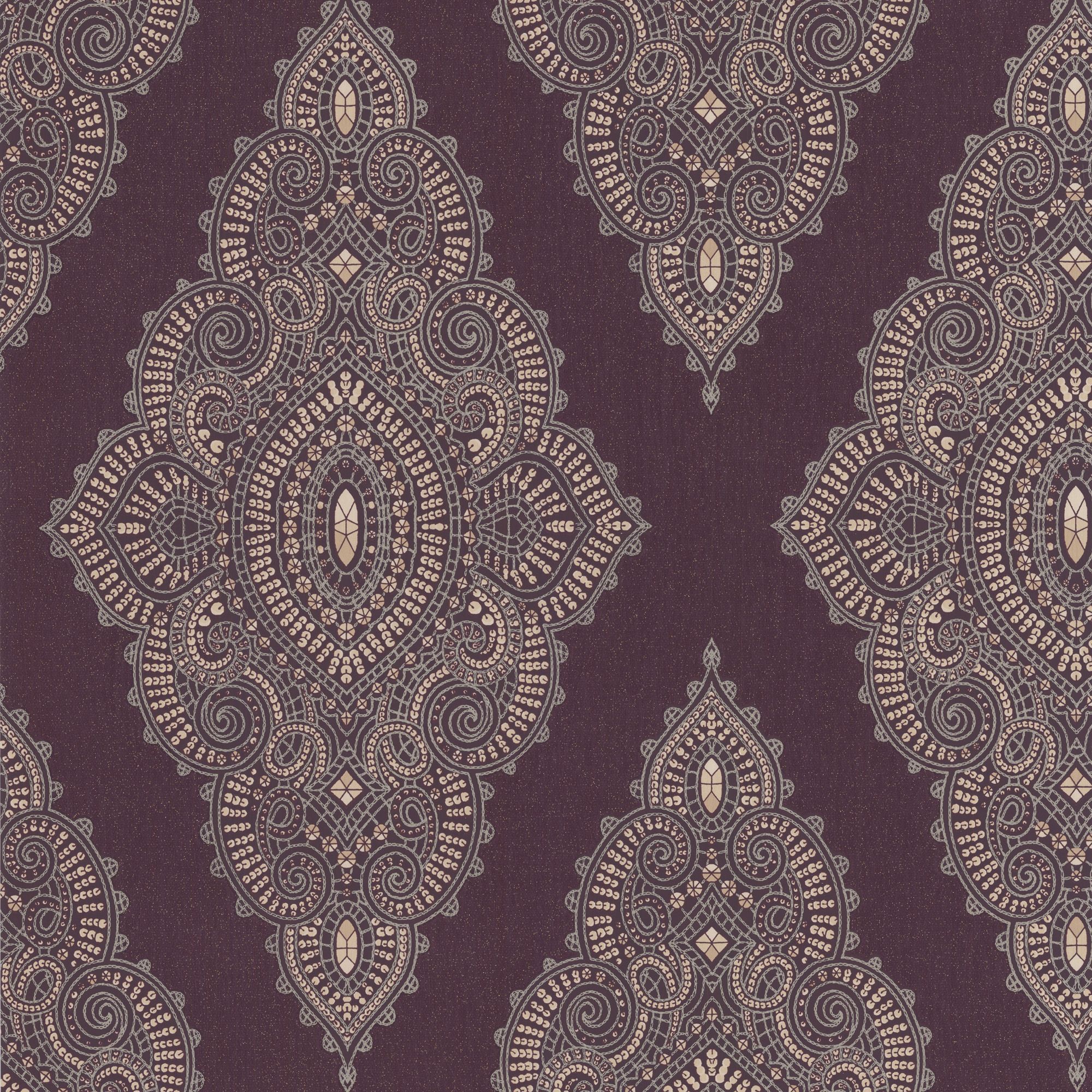 Graham & Brown Jewel Damson & Gold Lace Damask Sequin Effect Wallpaper