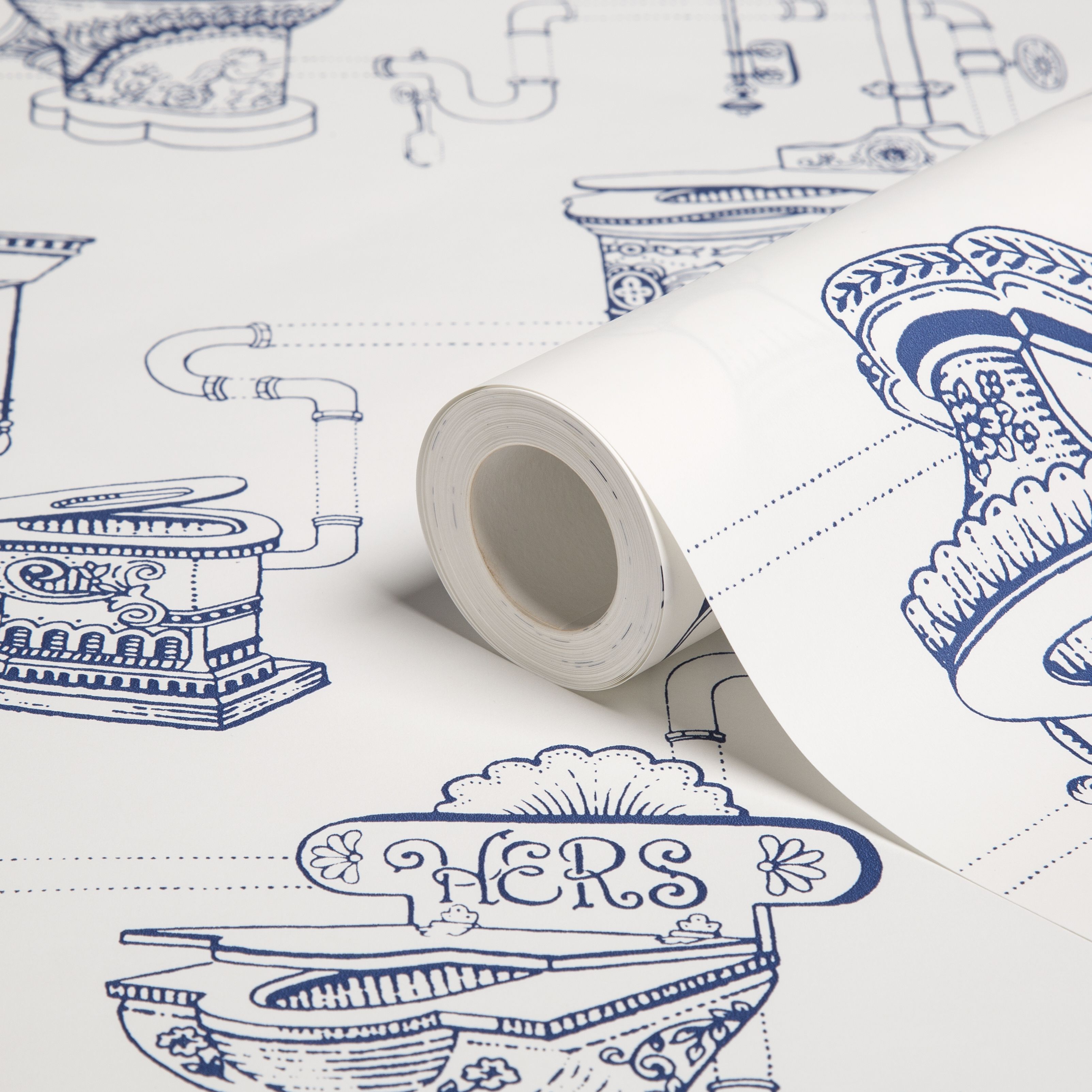 Graham & Brown Loo Loo Blue & White Illustrated Bathroom Wallpaper