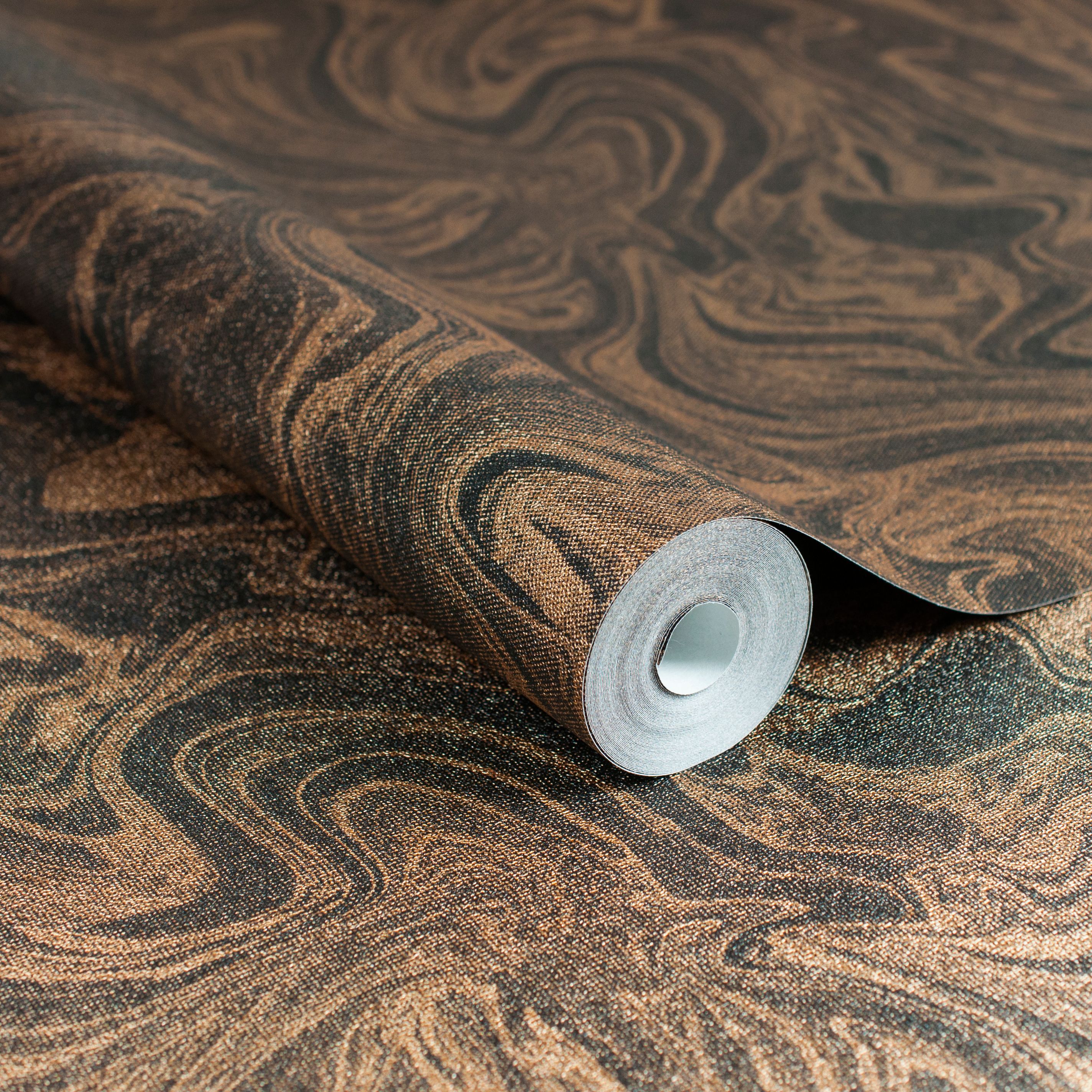 Graham & Brown Pure Charcoal & Rose Gold Marbled Metallic Wallpaper