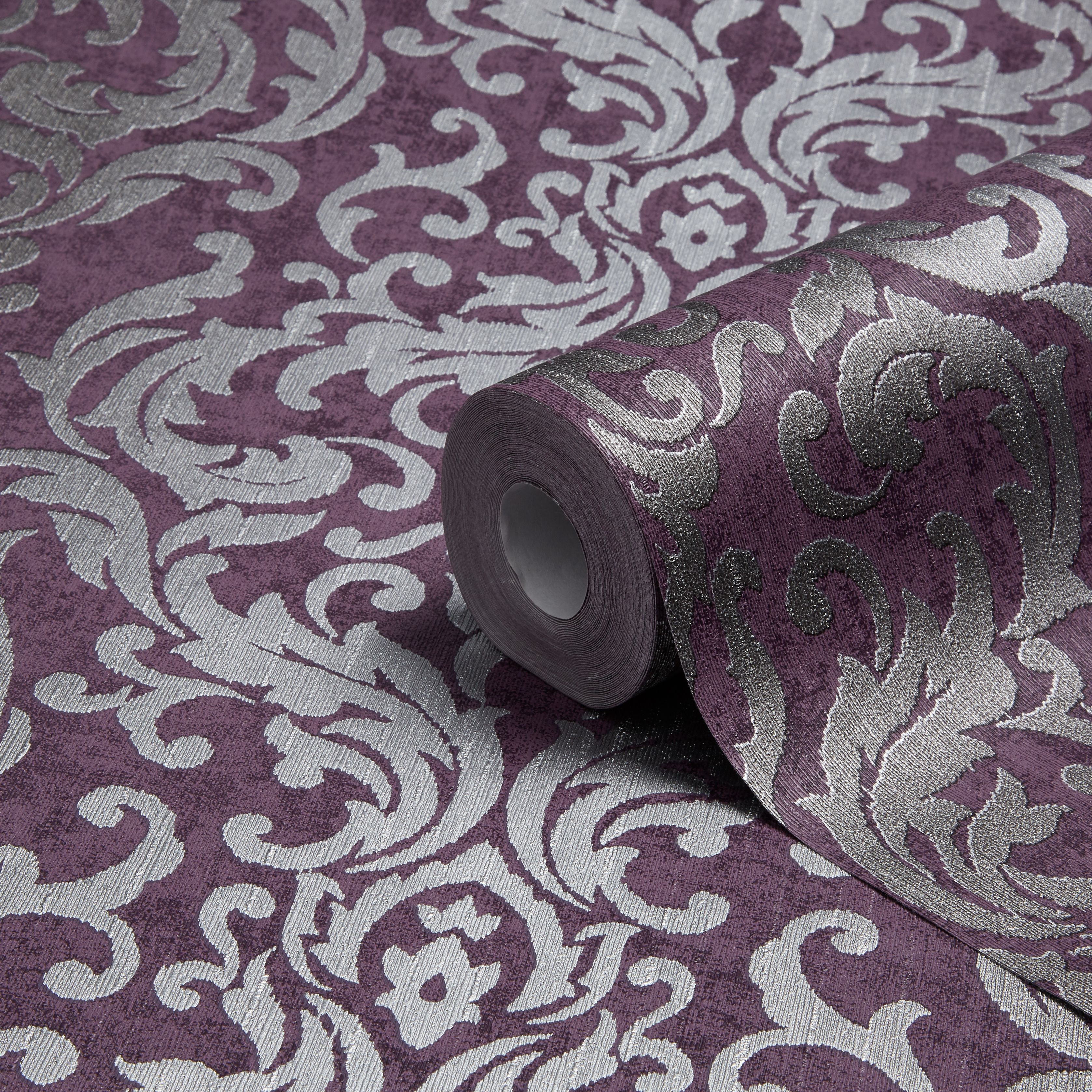 Graham & Brown Drama Purple Damask Metallic Wallpaper 