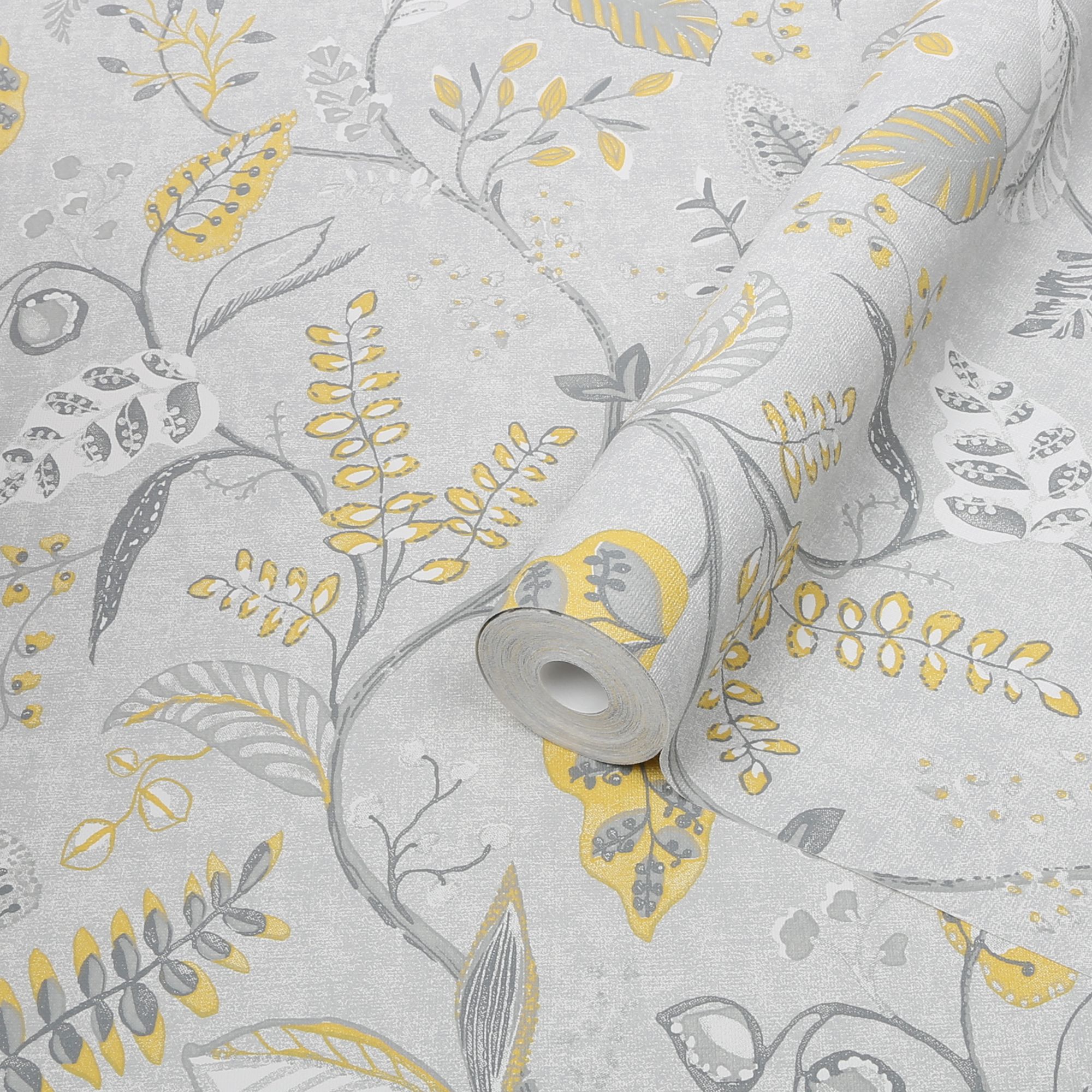 Graham & Brown Superfresco Easy Yellow & grey Leaves Smooth Wallpaper