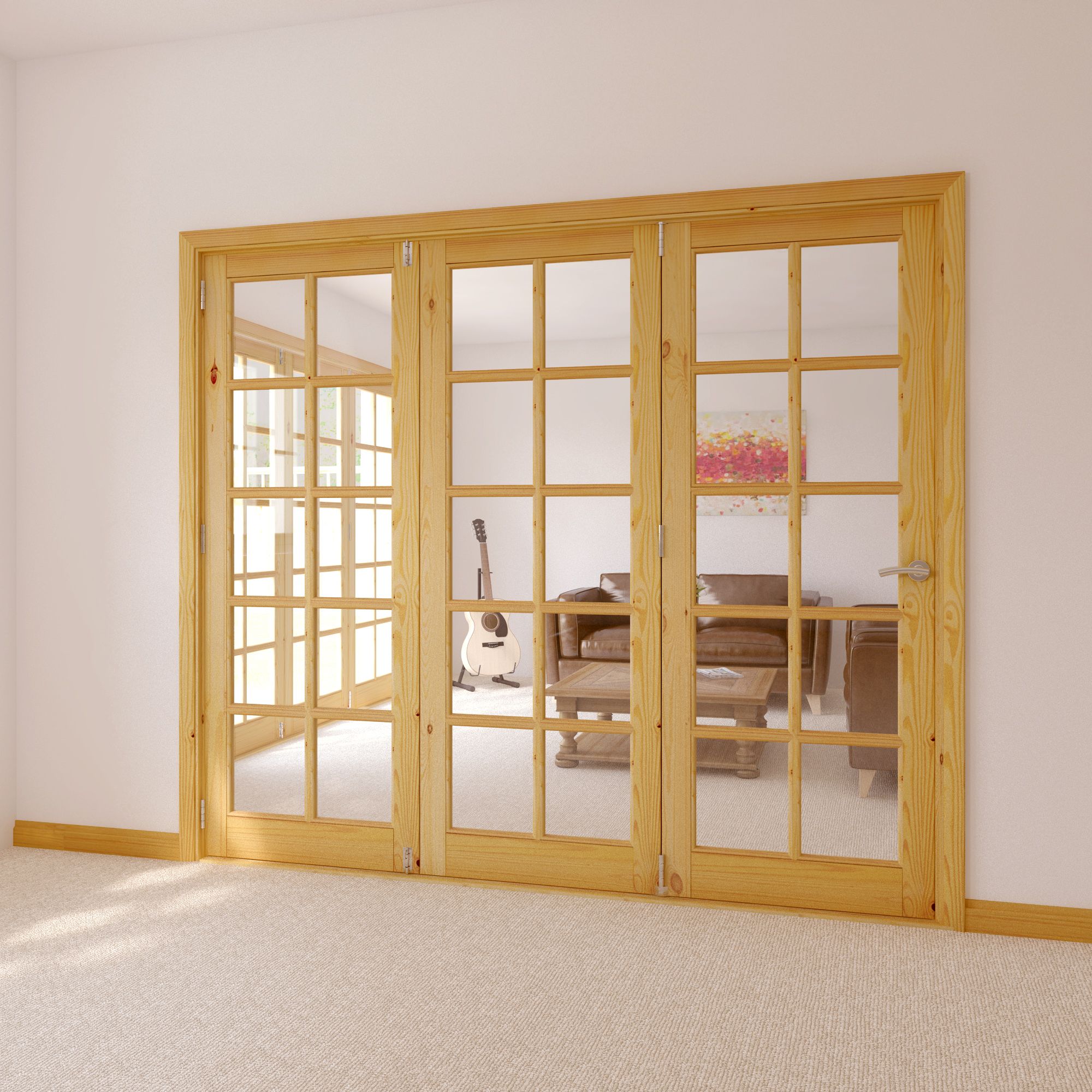 10 Lite Glazed Primed Knotty Pine LH Internal Tri-fold Door Set, (H ...