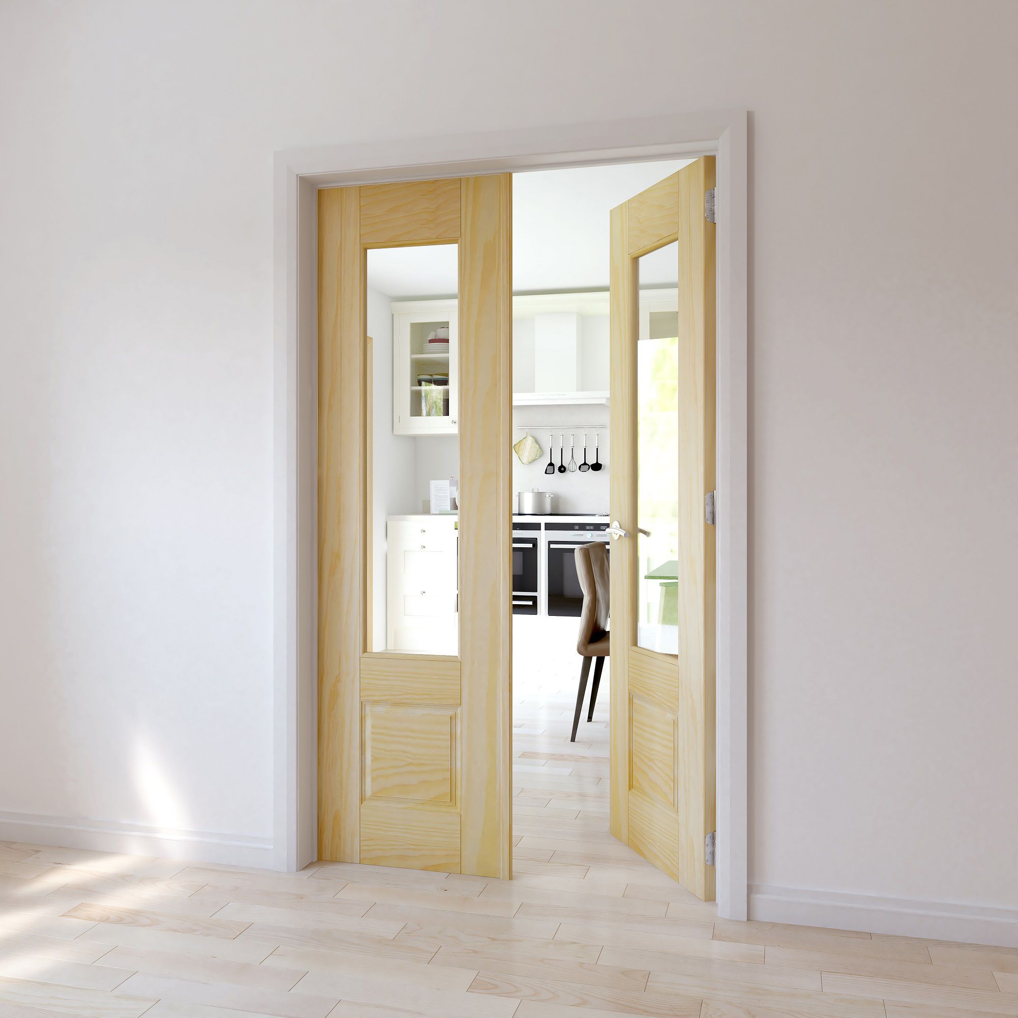 2 Panel 1 Lite Glazed Primed Pine Internal French Door Set, (H)2020mm ...