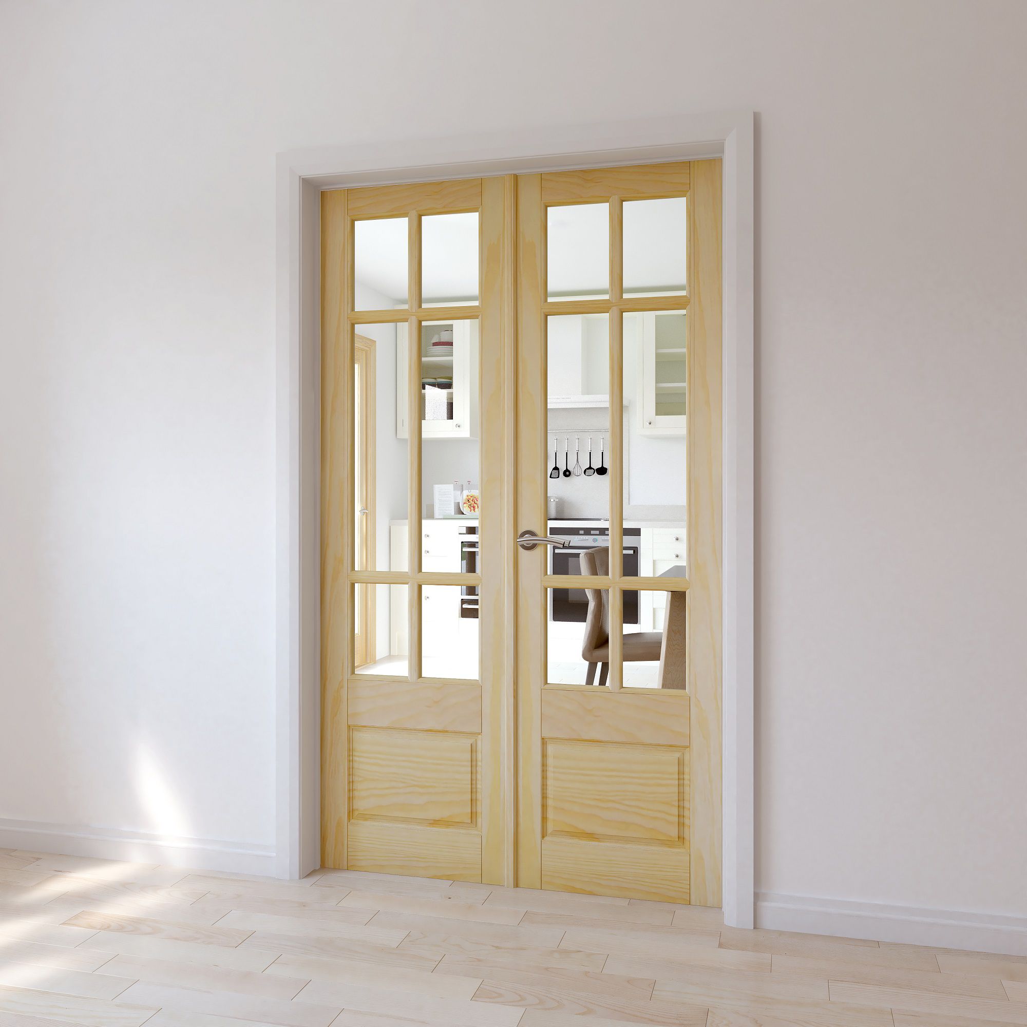 2 panel 6 Lite Glazed Primed Pine Internal French Door set, (H)1981mm