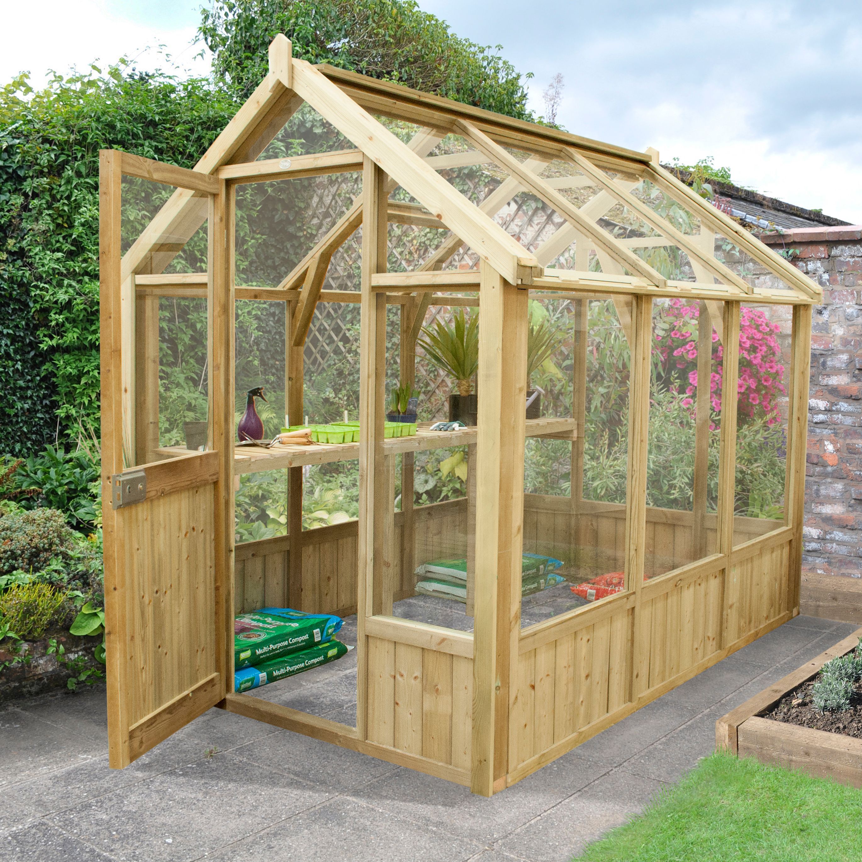 Forest Garden Vale Wooden 8x6 Toughened glass greenhouse ...