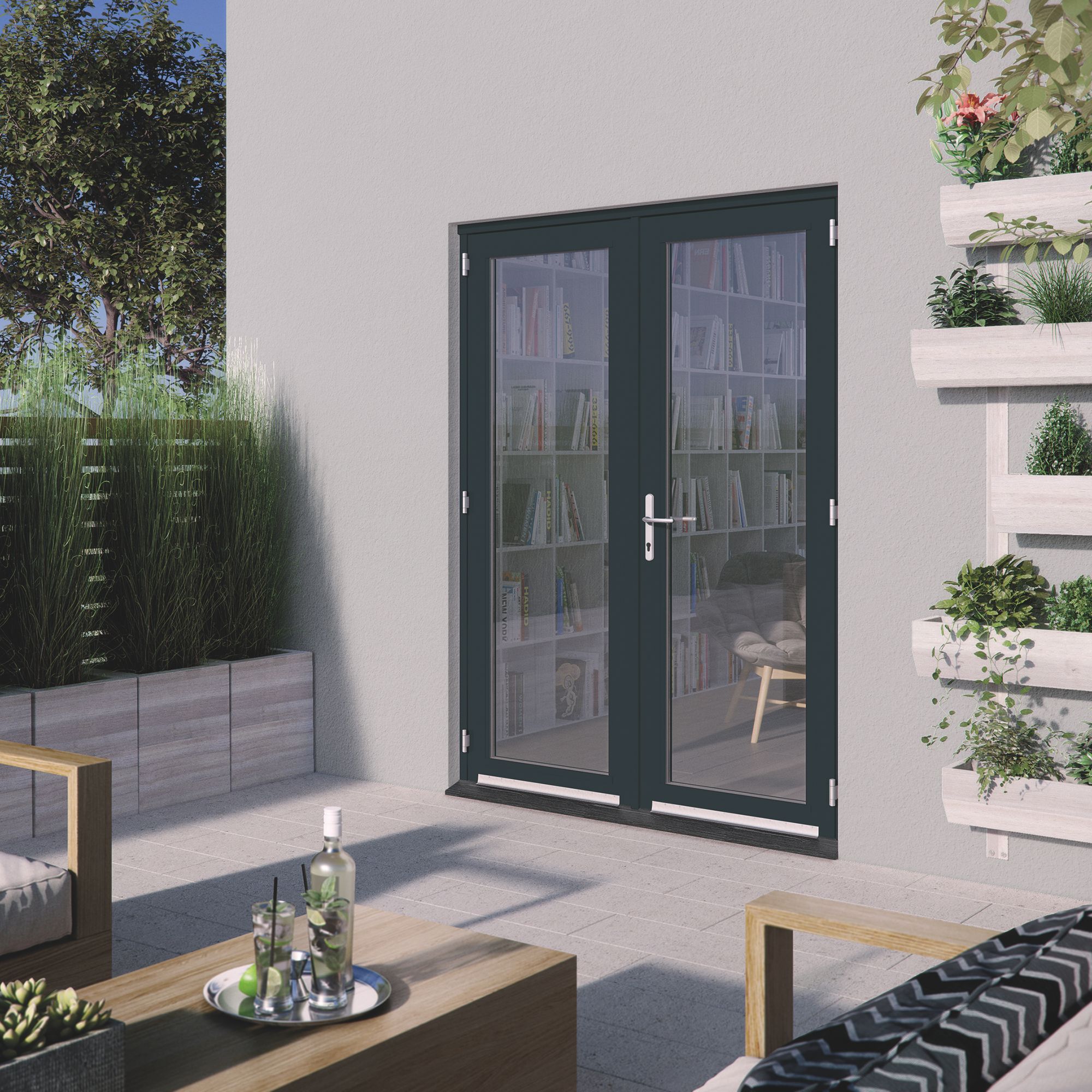 1 Lite Clear 2 panel Grey Fully finished Hardwood External French door